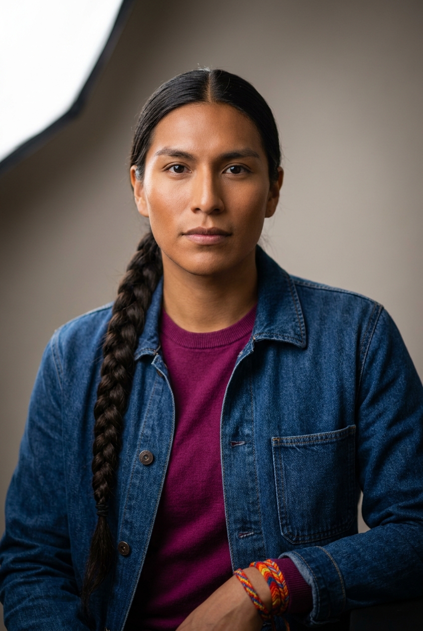 A warm Peruvian non-binary person in their early 30s, Lima-born and Zurich-based. Warm bronze complexion with Andean features — strong cheekbones, dark almond eyes, dark brows, clean-shaven. Dark-brown hair worn long and pulled into a single thick braid down the back, parted in the middle. Slight build. A deep magenta fine-knit top under an open indigo denim chore jacket, slim dark indigo trousers, leather boots. A stack of colourful hand-woven friendship bracelets on the right wrist — Andean textile colours. Distinguishing feature: the single thick braid down the back combined with the stack of colourful woven friendship bracelets on the right wrist — heritage worn quietly, instantly identifying.