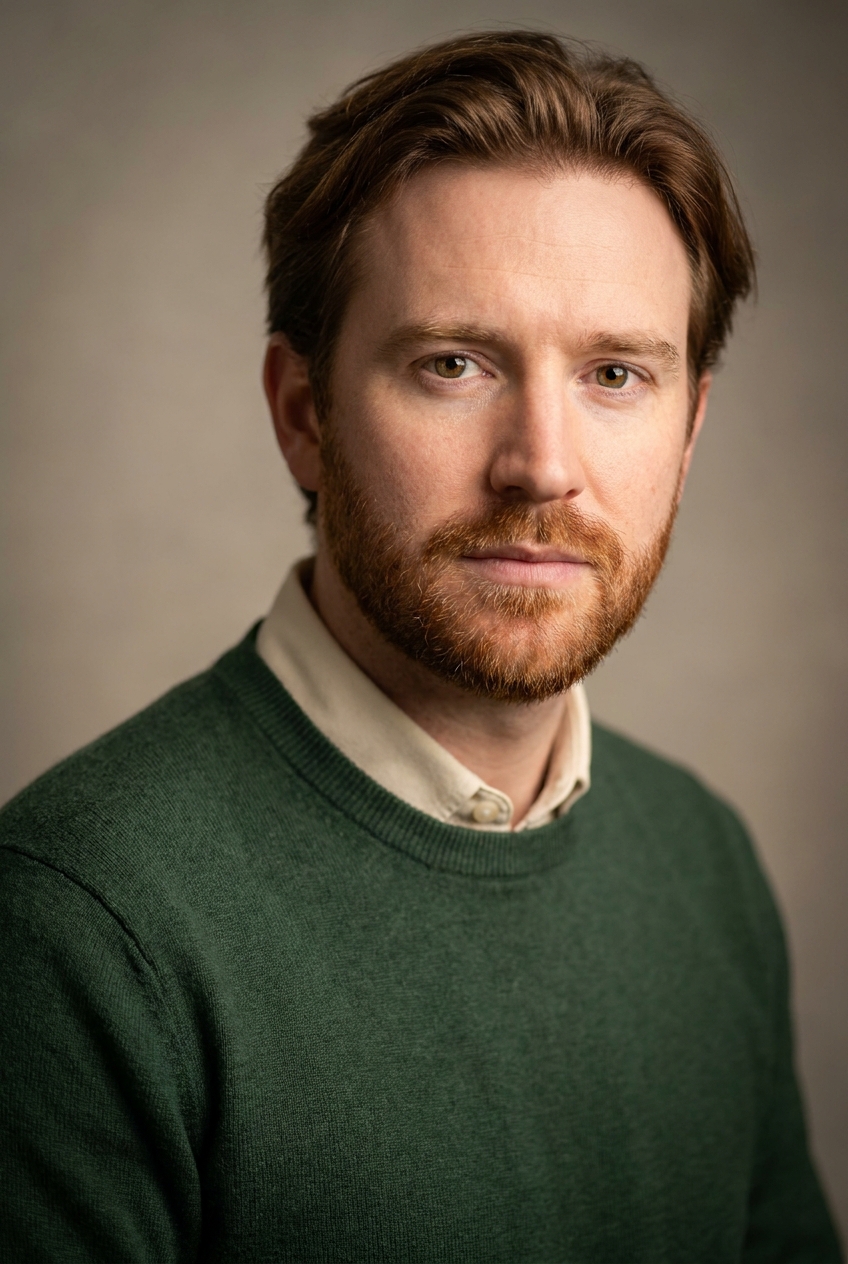 A wry Québécois man in his mid-30s, Montréal-born and Zurich-based. Fair complexion with warm undertones, auburn-brown hair worn medium, a short neat auburn beard, warm hazel eyes. Slim build. A forest-green fine-knit jumper over a cream collared shirt, dark indigo trousers, brown boots. Distinguishing feature: warm hazel eyes paired with a tidy auburn beard — an easy, conversational warmth that suits a sequence writer.
