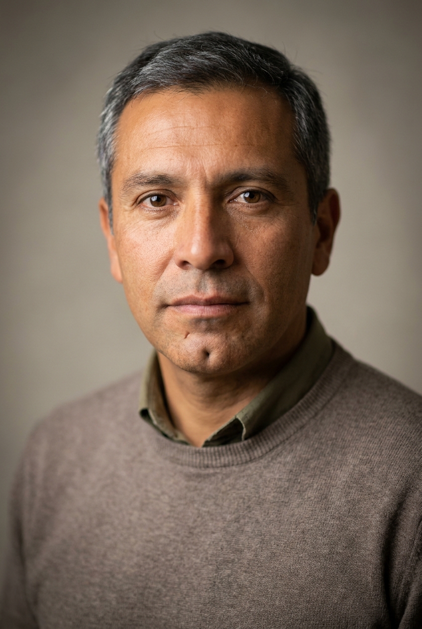 A measured Chilean man in his late 40s, Santiago-born and Zurich-based, focused on evaluation and continuous improvement. Warm olive-bronze complexion with light age-weathering. Dark hair greying at the temples, worn short and neat. Clean-shaven with a strong jaw. Warm dark-brown eyes, defined brows. Average build. A warm taupe fine-knit jumper over a soft olive collared shirt, dark olive trousers, brown leather loafers. Distinguishing feature: a prominent round dimple in the centre of his chin — a soft circular indent (not a cleft), a warm structural feature that distinguishes his composed face.