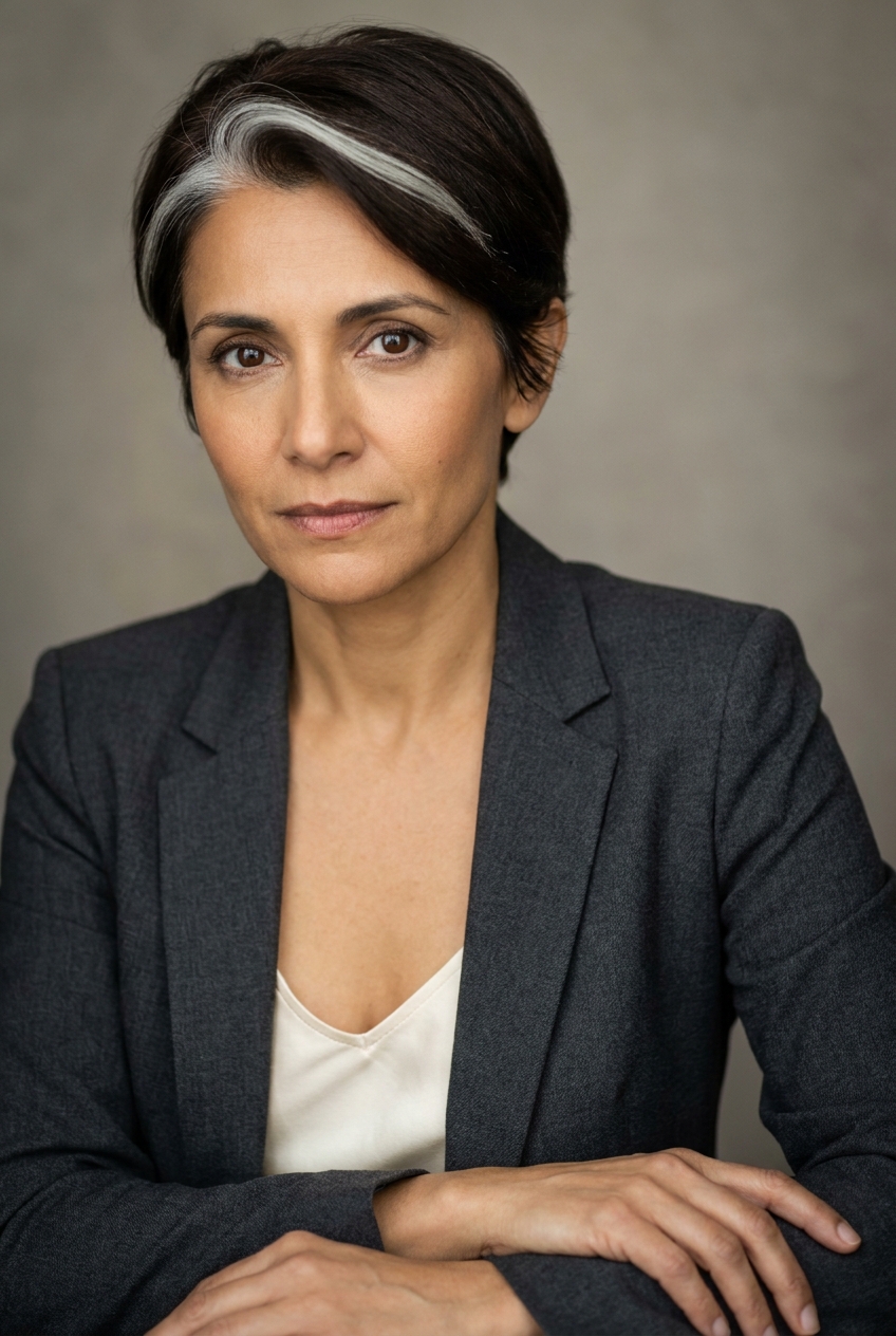 A composed Ticinese-Italian-Swiss woman in her late 40s, Lugano-born and Zurich-based — the strategic centre of the Vault. Warm olive complexion with a strong straight nose, prominent cheekbones, deep brown eyes that read everything quickly. Dark chestnut hair worn in a sharp pixie cut with a longer textured top swept across the forehead, glossy and well-cut. Slim, athletic build. Tailored charcoal-grey blazer over a cream silk camisole, slim trousers, a thin black leather belt, no other jewellery. Hands strong with neat unpainted nails, often resting interlaced when she listens. Distinguishing feature: a thick streak of pure white running from her left temple back through her dark chestnut hair — natural, the kind of pigment shift that runs in some Mediterranean families.