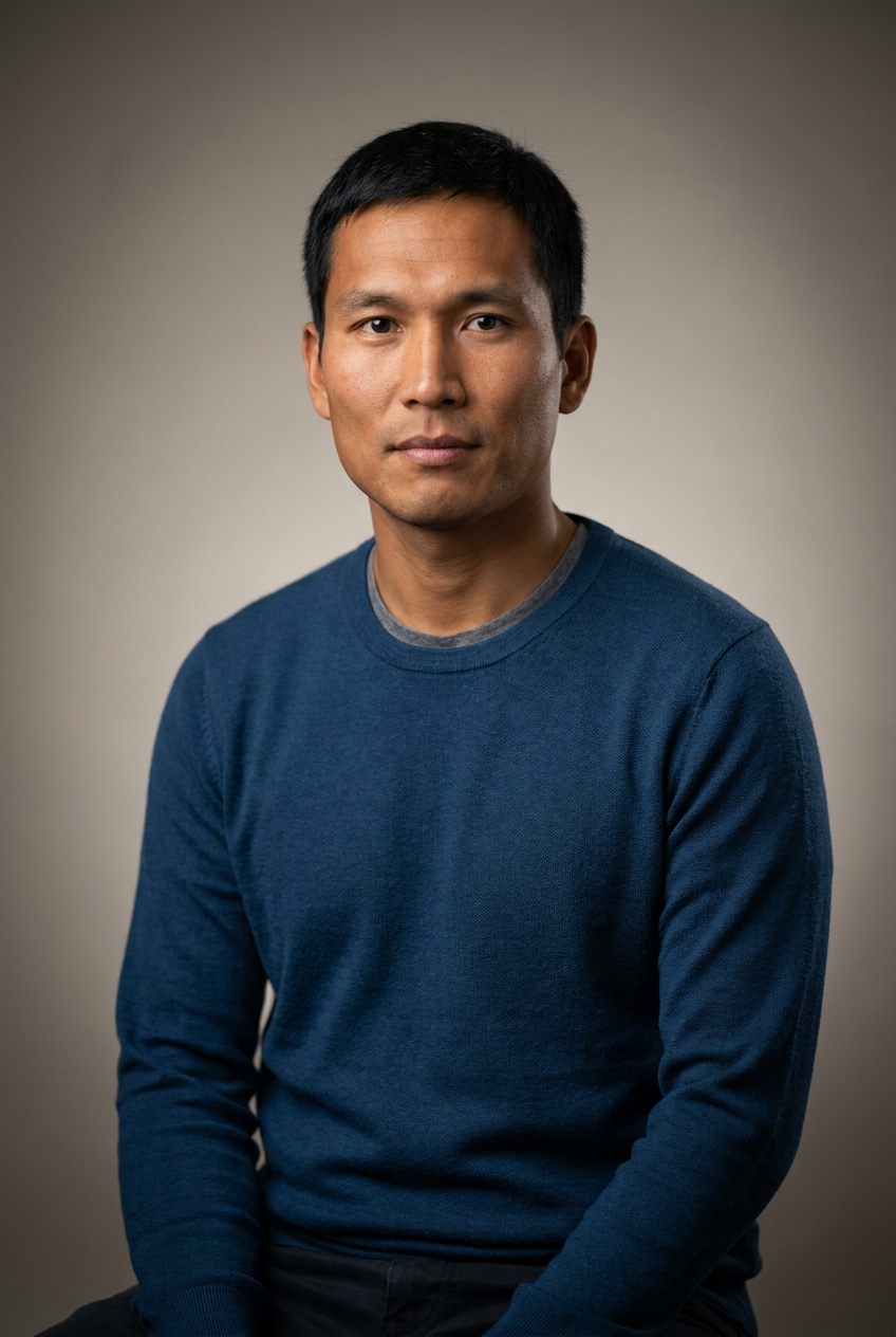 A calm Greenlandic Inuit man in his mid-30s, Nuuk-born and Zurich-based. Warm tan-brown complexion with strong broad features, straight black hair worn short, dark steady eyes. Average sturdy build. A deep-blue technical crewneck over a grey tee, dark trousers. Distinguishing feature: strong broad cheekbones and a calm, weathered steadiness — a face shaped by the far north.