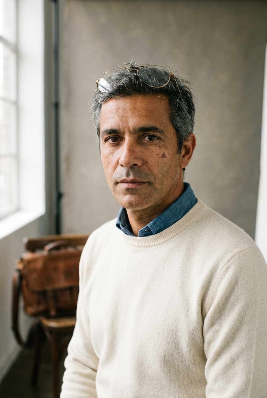 A warm Portuguese man in his early 40s, Lisbon-born and Zurich-based for over a decade. Olive-toned Atlantic complexion with sun-weathered cheekbones from coastal living. Salt-and-pepper hair worn short and slightly wavy, naturally tousled with no styling. Clean-shaven with a square jawline. Soft brown eyes behind thin gold-rim aviator-style glasses pushed up onto his head when he reads from paper. Slim build with a slight roundness at the middle. Oatmeal-cream cashmere crewneck jumper over a soft denim-blue collared shirt, slim charcoal cords, scuffed brown leather lace-up boots. A worn leather messenger bag visible on a nearby chair. Distinguishing feature: a small triangular birthmark on his upper right cheek just below the cheekbone — the kind of mark you stop noticing after a while but always part of his face.