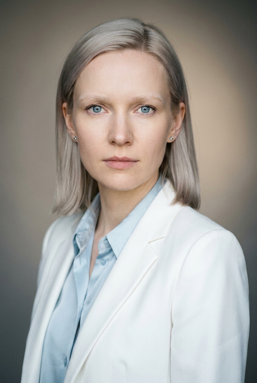 A calm Lithuanian woman in her mid-30s, Vilnius-born and Zurich-based, an adaptive-logic specialist. Very pale Baltic complexion, fine smooth skin. Ash-blonde hair worn in a sleek shoulder-length cut, parted in the middle, tucked behind the ears. Striking ice-blue eyes. Slim build with calm posture. A pale ice-blue silk blouse under a crisp white tailored blazer, slim grey trousers, soft grey loafers, tiny silver studs. Distinguishing feature: very straight, flat, pale ash-blonde eyebrows that sit almost perfectly level above her ice-blue eyes — an unusually horizontal brow line that gives her a calm, exact, analytical expression.