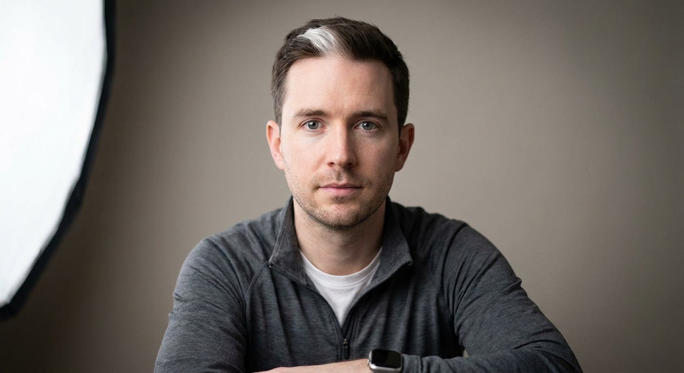 A precise Estonian man in his mid-30s, Tallinn-born and Zurich-based, from the most digital country in Europe. Pale Baltic complexion. Dark-brown hair worn short and neat with one striking element: a natural white forelock — a distinct patch of pure white hair at the front-centre of his hairline (poliosis), present since childhood. Pale grey eyes, light stubble. Slim build. A graphite-grey technical zip-top over a soft white crew tee, slim dark-grey trousers, minimalist white sneakers with a single lime-green accent stripe, a smartwatch on the left wrist. Distinguishing feature: the natural white forelock at the front-centre of his otherwise dark-brown hair — instantly identifying, a striking natural pigment marker.