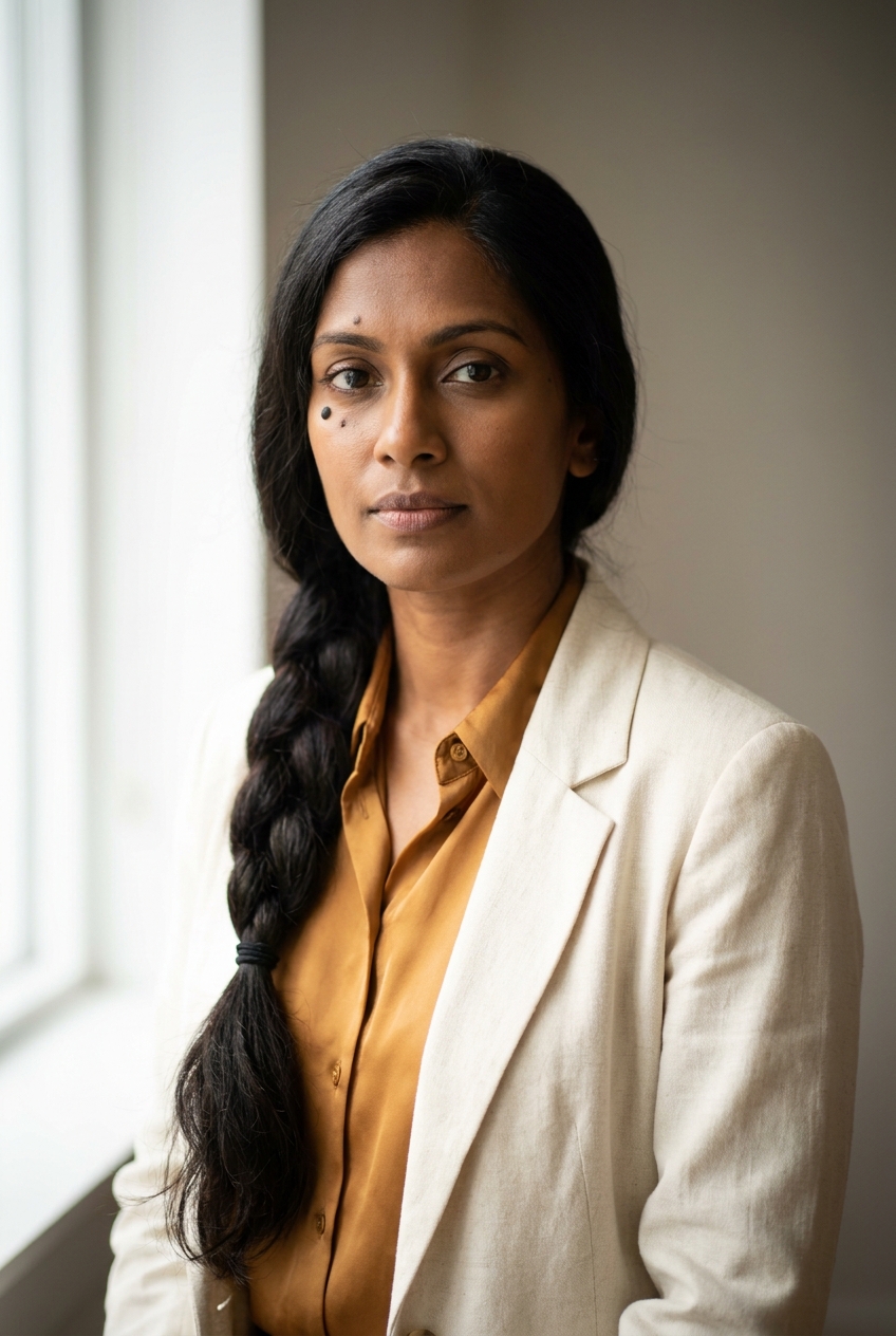 A composed Sri Lankan woman in her late 30s, Colombo-born and Zurich-based, who handles multi-currency conversion. Warm deep-brown complexion with luminous skin. Long glossy black hair worn in a single thick plait over the left shoulder. Large dark expressive eyes with naturally long lashes, defined brows. Slim build. A warm ochre-gold silk blouse under a cream linen blazer, cream trousers, tan sandals, small gold studs. Distinguishing feature: a prominent natural beauty mark beside the outer end of her left eyebrow — a small dark mark that draws the eye toward her expressive gaze.
