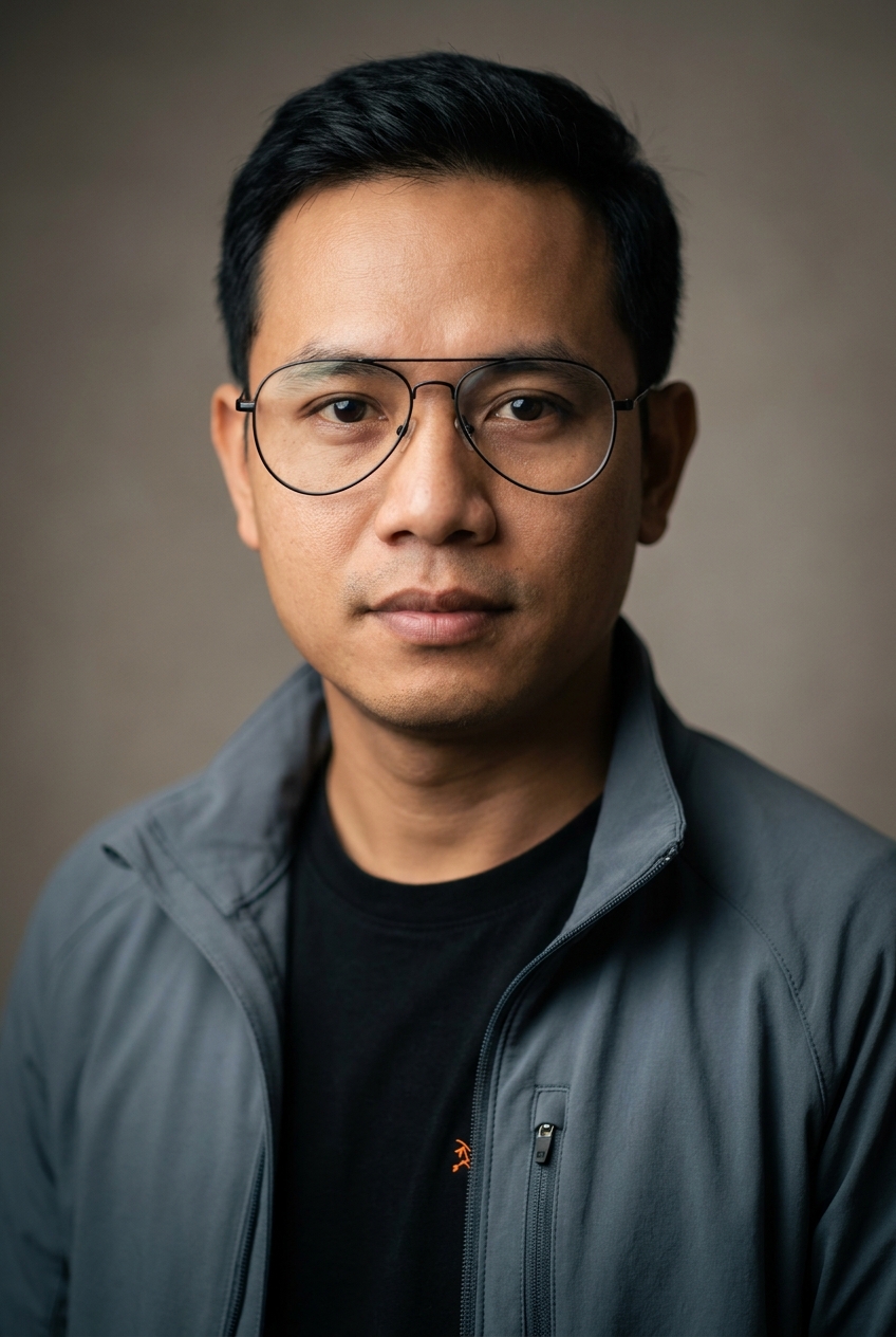 A focused Burmese man in his mid-30s, Yangon-born and Zurich-based. Warm tan complexion, neat short black hair, clean-shaven, calm dark eyes. Slim build. A slate-grey technical zip-top over a black tee with a single orange accent, slim dark trousers. Distinguishing feature: black aviator-style glasses with thin dark metal frames — a sharp, engineering-precise eyewear choice.