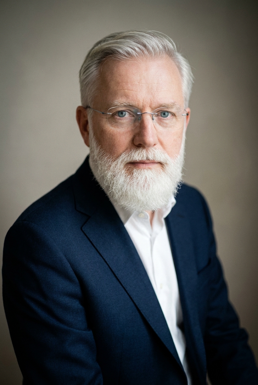 A distinguished Flemish-Belgian man in his late 50s, Antwerp-born and Zurich-based. Pale Northern European complexion with visible age — forehead lines, weathered cheeks. Short silver-grey hair receding slightly, combed neatly. A full, neatly-trimmed pure-white beard, dignified and well-kept. Pale blue eyes behind thin silver-rimmed rectangular glasses. Average build with upright governance bearing. A midnight-blue wool three-button suit jacket over a crisp white shirt, no tie, dark trousers, polished black brogues. Distinguishing feature: the full neatly-trimmed pure-white beard — a marker of seniority and judgement that anchors his face, distinct from the salt-and-pepper beards elsewhere in the company.