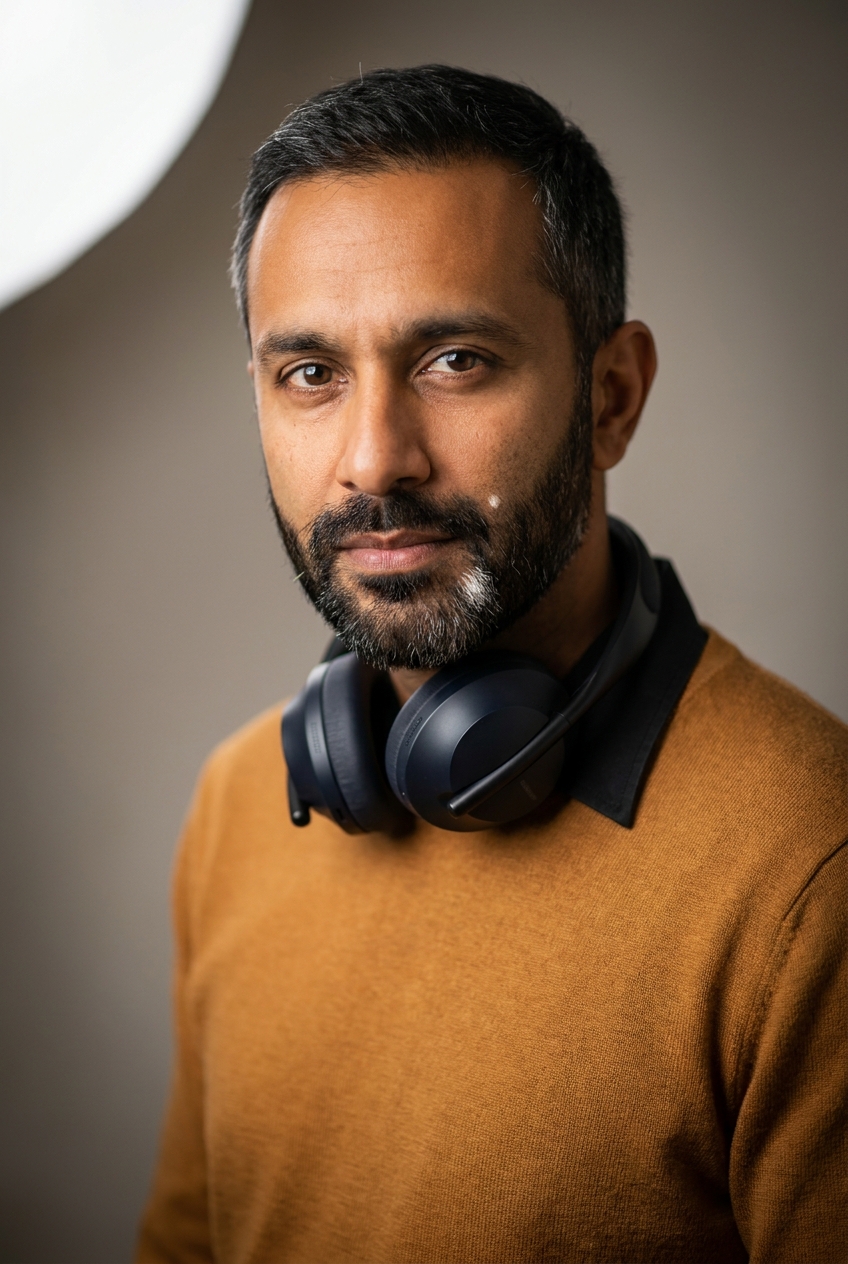 A careful Tunisian man in his early 40s, Tunis-born and Zurich-based, who extracts key phrases and renders their audio. Warm olive-bronze complexion. Dark hair worn short, greying at the temples. A neat dark beard with one distinctive element: a single natural white patch (poliosis) on the left side of the beard, vivid against the dark. Warm dark eyes, defined brows. Average build. A warm ochre fine-knit jumper over a black collared shirt, dark wool trousers, brown leather shoes, studio headphones around the neck. Distinguishing feature: the single natural white patch in his otherwise dark beard on the left side — a striking pigment marker that anchors his face.