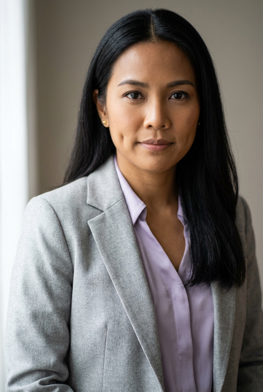 A warm Thai woman in her mid-30s, Bangkok-born and Zurich-based. Warm tan complexion with a healthy natural glow. Glossy black hair worn long and straight to mid-back, parted in the middle. Dark almond-shaped eyes, soft full features. Slight build. A soft lavender silk blouse under a tailored light-grey wool blazer, slim light-grey trousers, soft cream loafers, small gold studs in both ears. Distinguishing feature: deep dimples in both cheeks — visible even at rest as soft indents and pronounced when she concentrates or speaks, a natural warmth that reads instantly in any image.