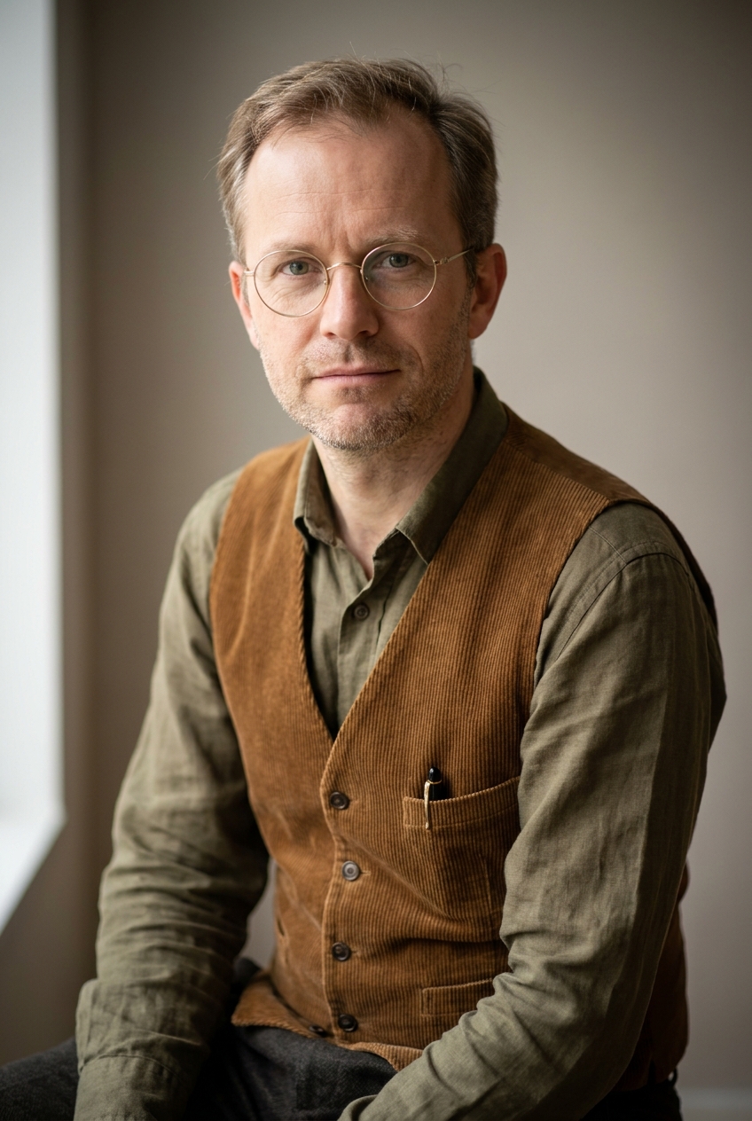 A scholarly Walloon Belgian man in his late 40s, Brussels-born, native French-Dutch bilingual with working fluency in English, German and Italian. Pale Northern European complexion. Sandy-brown hair worn short with visible recession at the temples and crown, light grey at the sides. Light stubble across the jaw and chin. Round John-Lennon-style wire-rim glasses with thin gold frames. Modest build with the slight roundness of a man who reads more than he runs. An olive-drab linen collared shirt with the top button undone, sleeves rolled to the forearm, a warm brown corduroy waistcoat unbuttoned over it, dark brown wool trousers. A fountain pen visibly clipped to the waistcoat pocket. Distinguishing feature: a permanent amused half-smile crease set at the right corner of his mouth — even at rest he looks slightly amused, the expression of a man who has spent forty years reading texts and finding small surprises in them.