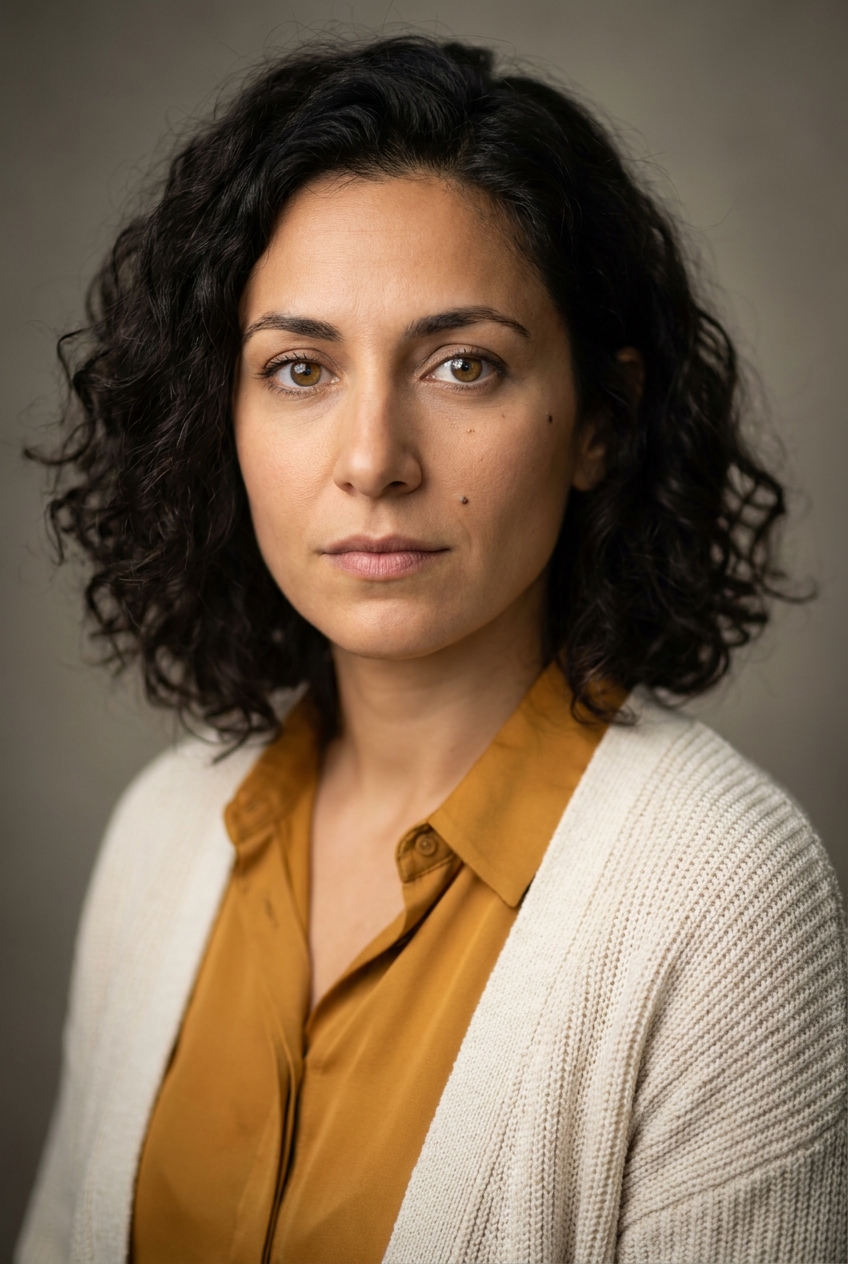 A creative Cypriot woman in her mid-30s, Nicosia-born and Zurich-based. Warm olive Mediterranean complexion, dark curly hair worn shoulder-length, warm hazel eyes, strong brows. Slim build. A warm mustard silk blouse under a cream cardigan, cream trousers, tan sandals. Distinguishing feature: a small natural beauty mark just below the outer corner of the right eye, a delicate Mediterranean accent.