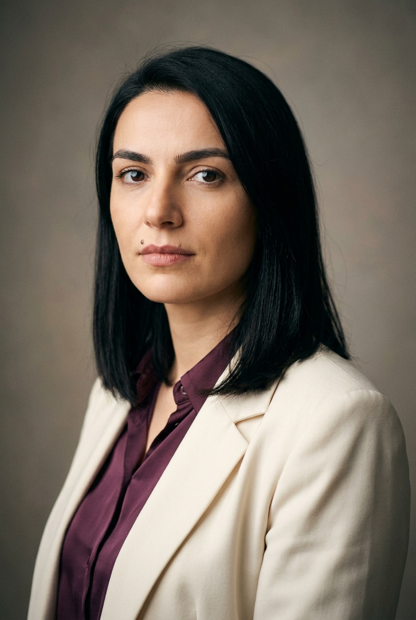 A perceptive Kosovar woman in her early 30s, Pristina-born and Zurich-based. Fair olive complexion, dark hair worn in a sleek shoulder-length cut, strong brows, dark attentive eyes. Slim build. A plum silk blouse under a cream blazer, slim charcoal trousers. Distinguishing feature: a small dark beauty mark just beside the left side of the upper lip, a quiet accent on an attentive face.