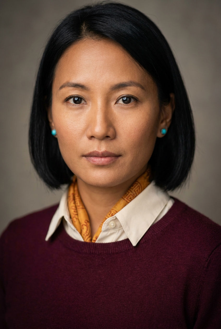A precise Bhutanese woman in her mid-30s, Thimphu-born and Zurich-based. Warm tan complexion, dark almond eyes, a neat jaw-length black bob parted to the side. Slim build, calm posture. A deep-maroon fine-knit jumper over a cream collared shirt with a subtle saffron scarf, slim charcoal trousers. Distinguishing feature: a single small polished turquoise stud in each ear — a quiet Himalayan touch against the precise bob.