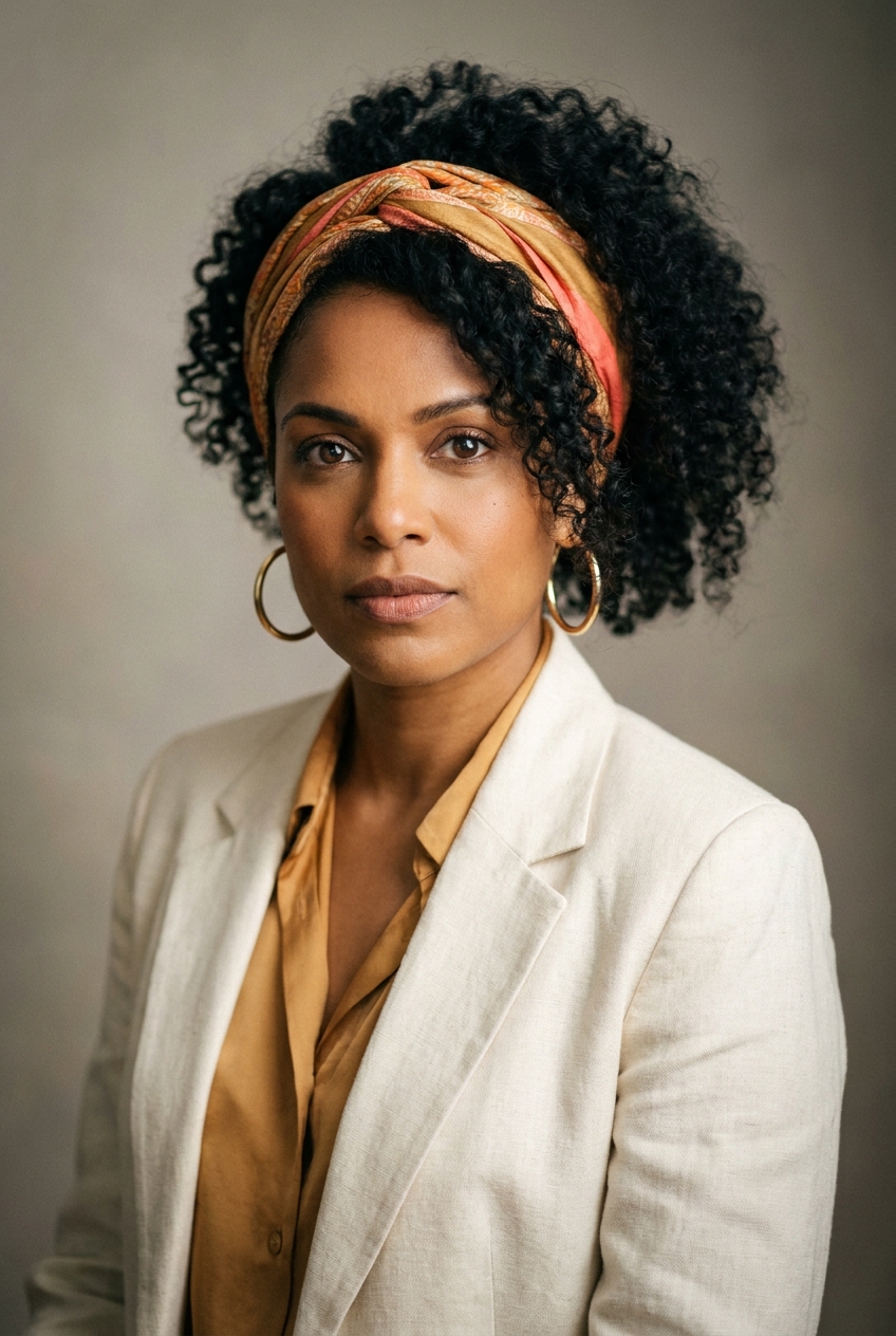 A warm Trinidadian woman in her late 30s, Port-of-Spain-born, London-raised, now Zurich-based, a lesson-script wordsmith. Rich warm-brown complexion with healthy luminosity. Voluminous natural dark curls worn big and full, pushed back from the face with a bright patterned headwrap in warm golds and corals tied as a band. Warm dark eyes, full mouth, expressive brows. Average build with warm presence. A warm gold silk blouse under a cream linen blazer, cream trousers, tan sandals, gold hoop earrings. Distinguishing feature: the bright patterned headwrap pushed back through voluminous natural curls — a warm, instantly identifying Caribbean style note.