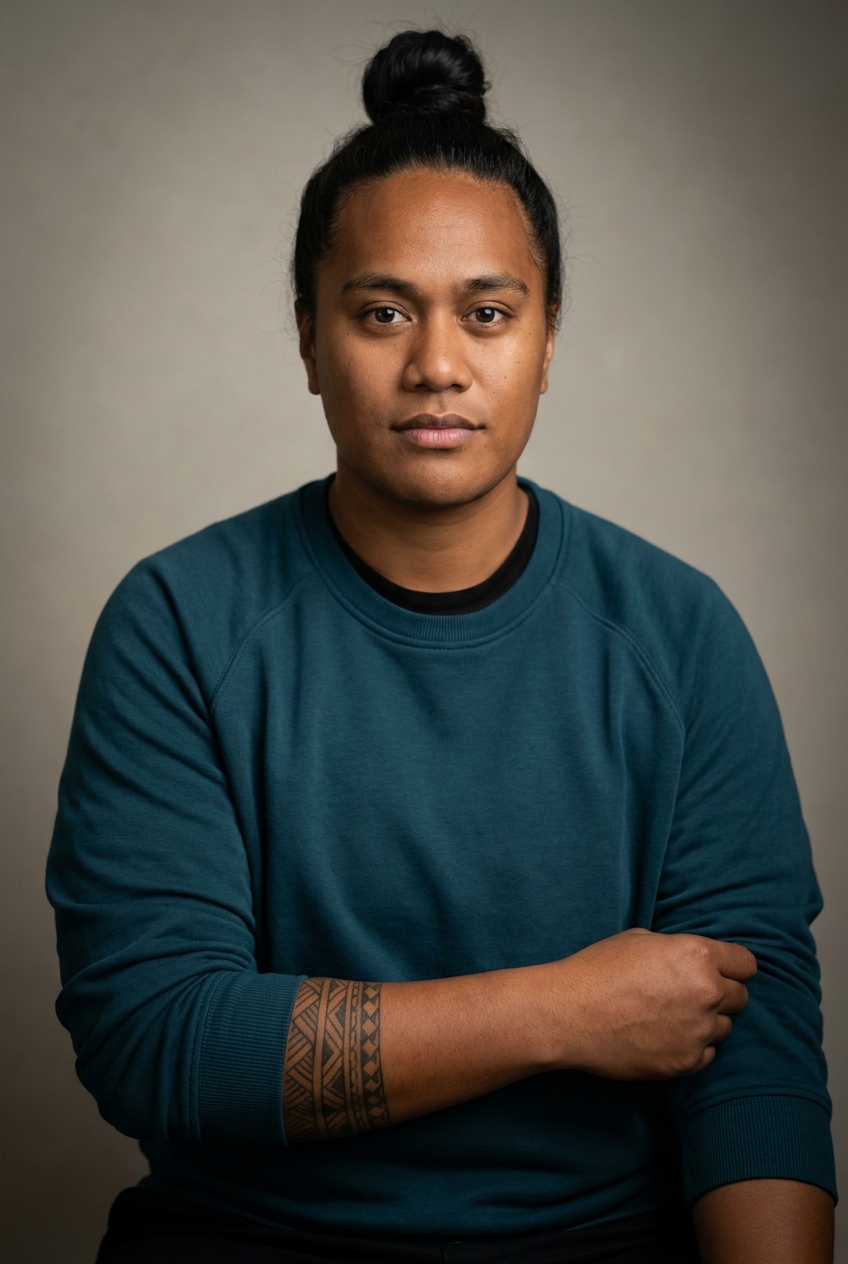 A broad-shouldered Tongan non-binary person in their late 20s, Nukuʻalofa-born and Auckland-raised, now Zurich-based. Warm deep-brown complexion, dark eyes, dark hair gathered into a high top-knot. Strong build. A deep-teal technical crewneck over a black tee, dark trousers, trainers. Distinguishing feature: a traditional Tongan geometric tattoo band wrapping the right forearm, visible at the pushed-up sleeve — heritage worn with quiet pride.