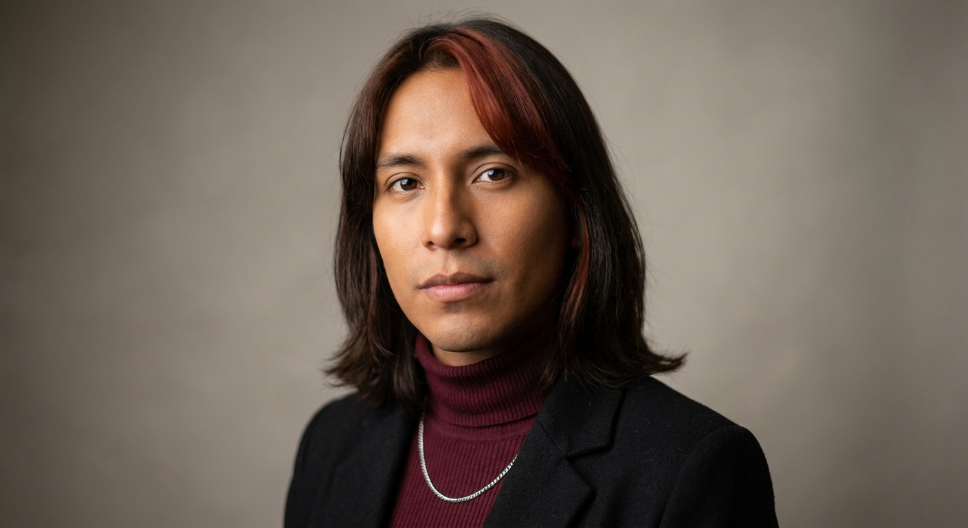 A dynamic Colombian non-binary person in their early 30s, Bogotá-born, now Zurich-based. Warm bronze complexion with healthy luminosity, expressive dark almond-brown eyes, defined dark eyebrows, clean-shaven. Dark brown hair worn at shoulder length with subtle natural curl, parted slightly off-centre, with one striking element: a single bright chestnut-red front section running through the right side of the fringe — a deliberate two-tone peekaboo highlight that contrasts with the dark brown rest. Slim build. A fitted deep-maroon ribbed turtleneck under an oversized matte-black wool blazer with rolled sleeves, slim black jeans, white-and-black canvas sneakers. A slim silver chain at the neck. Distinguishing feature: that single bright chestnut-red front section in their otherwise dark brown hair — the visual signature that makes them instantly recognisable across every shot.