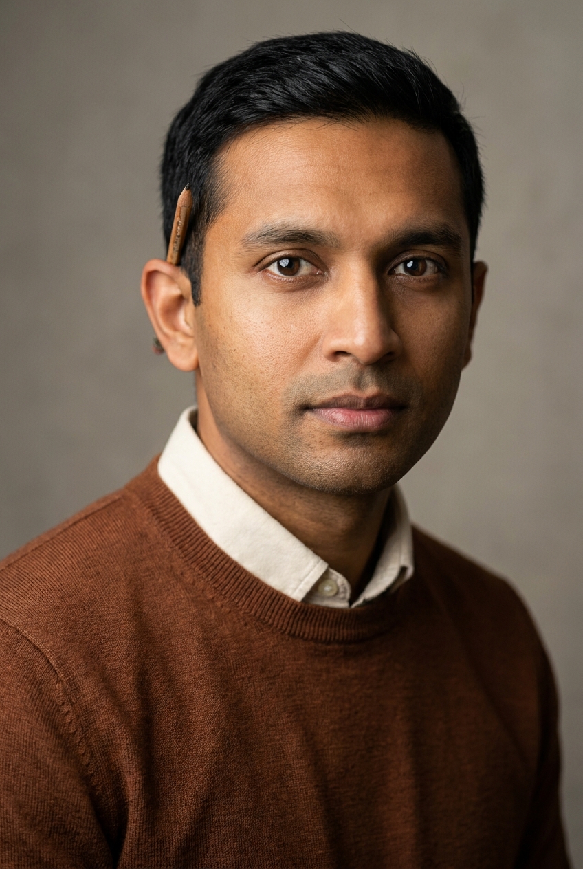 A careful Filipino man in his mid-30s, Manila-born and Zurich-based, who imports manually-reviewed card transactions. Warm tan complexion. Black hair worn short and neat. Clean-shaven, warm dark eyes, soft approachable features. Slight build. A warm rust-brown fine-knit jumper over a cream collared shirt, dark brown trousers, brown leather sneakers. Distinguishing feature: a wooden pencil habitually tucked behind his right ear — the mark of a hands-on reviewer who annotates as he goes, the pencil always within reach.