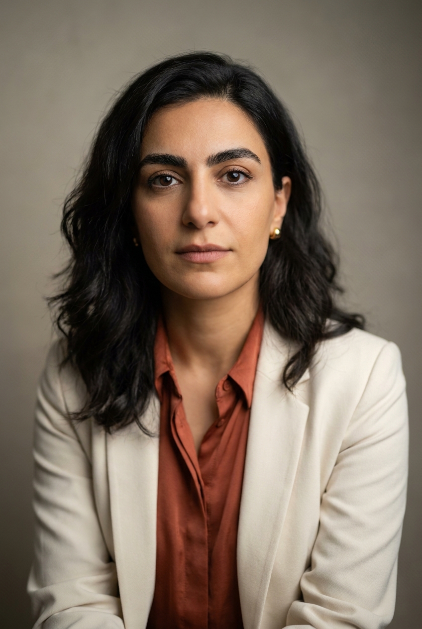 A warm Syrian woman in her early 30s, Damascus-born and Zurich-based. Warm olive complexion, dark wavy hair worn loose to the shoulders, dark expressive eyes, bold defined brows. Slim build. A terracotta silk blouse under a cream blazer, cream trousers, gold studs. Distinguishing feature: strong, naturally bold dark eyebrows framing warm expressive eyes — an arresting, communicative gaze.