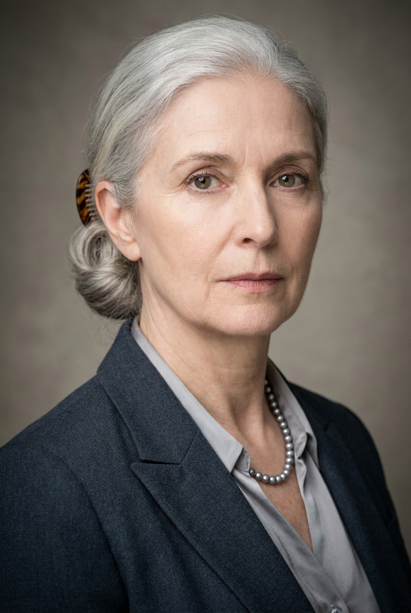 A dignified Slovenian woman in her late 50s, Ljubljana-born and Zurich-based, the senior authority of the quality team. Pale Alpine complexion with visible age — fine lines, soft jowls, the gravity of seniority. Full silver hair worn in an elegant low chignon at the nape of the neck, held in place with a tortoiseshell decorative hair comb. Deep-set hazel eyes, defined dark eyebrows, a composed unsmiling mouth. Slim upright build with the bearing of someone who has chaired many boards. A deep-slate fine wool blazer over a pearl-grey silk blouse, slim charcoal trousers, low leather heels, a single string of grey pearls. Distinguishing feature: the elegant silver chignon held with a tortoiseshell decorative comb — a precise, dignified detail that signals her authority.