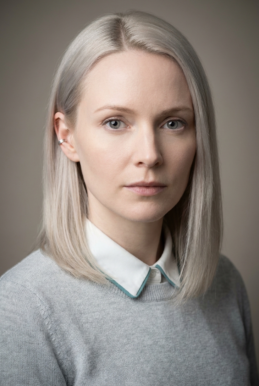A precise Faroese woman in her early 30s, Tórshavn-born and Zurich-based. Very pale Nordic complexion, ash-blonde hair in a sleek shoulder-length cut parted in the middle, pale grey eyes. Slim build. An ice-grey fine-knit jumper over a white collared shirt with a teal accent, slim grey trousers. Distinguishing feature: a single small silver ear cuff on the upper left ear, the only adornment against an otherwise spare Nordic look.