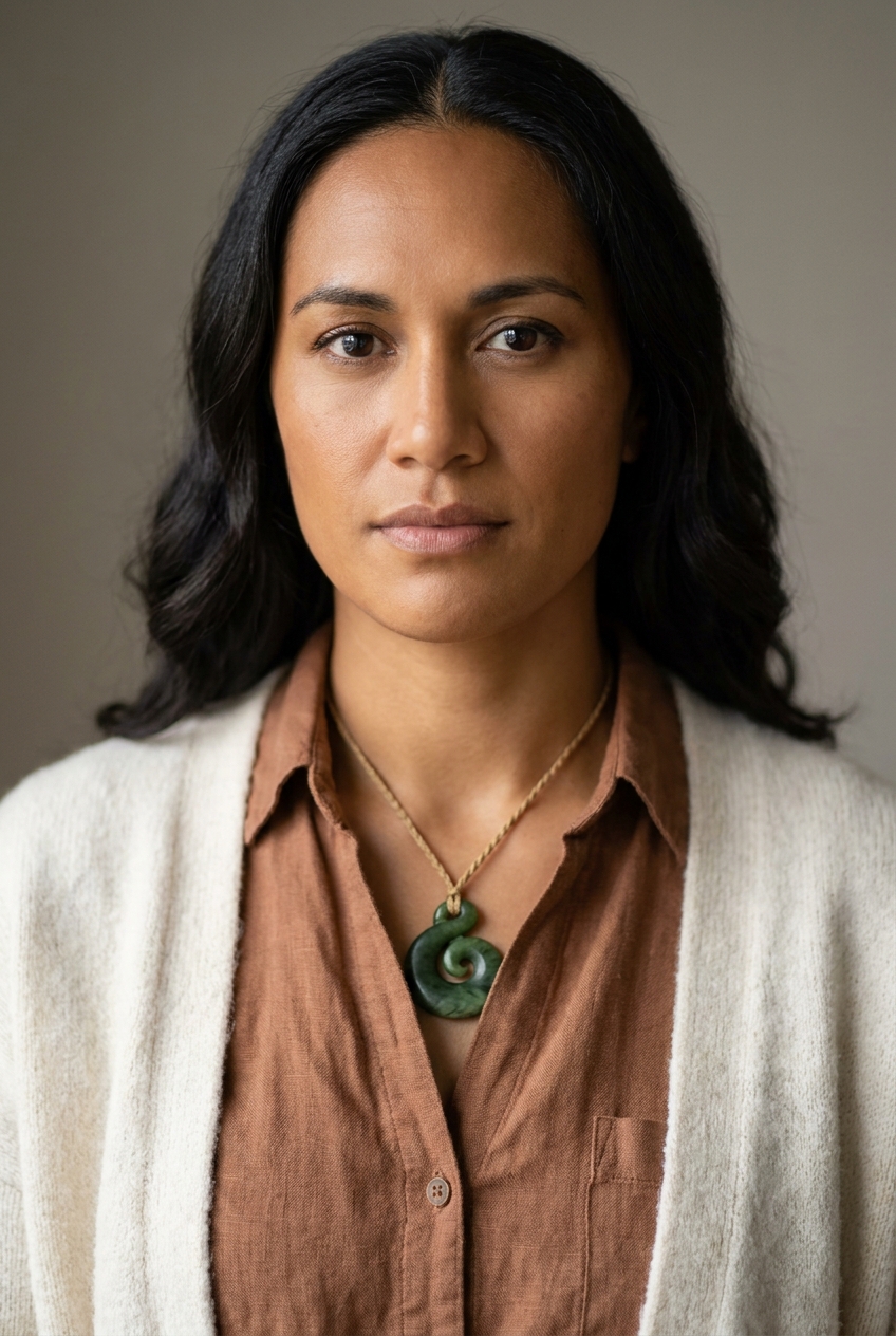 A creative Māori woman in her early 30s, Auckland-born (Aotearoa New Zealand) and Zurich-based, who writes the briefs for visuals and media. Warm bronze complexion. Dark wavy hair worn long and loose to mid-back, parted in the middle. Warm dark eyes, full expressive features, defined brows. Average build with warm creative presence. A warm clay-brown linen shirt under a soft cream wool cardigan, cream trousers, tan sandals. Distinguishing feature: a pounamu (New Zealand greenstone) pendant carved in a koru spiral, worn on a woven flax cord at the throat — a deep jade-green cultural marker that rests at the centre of her open collar.