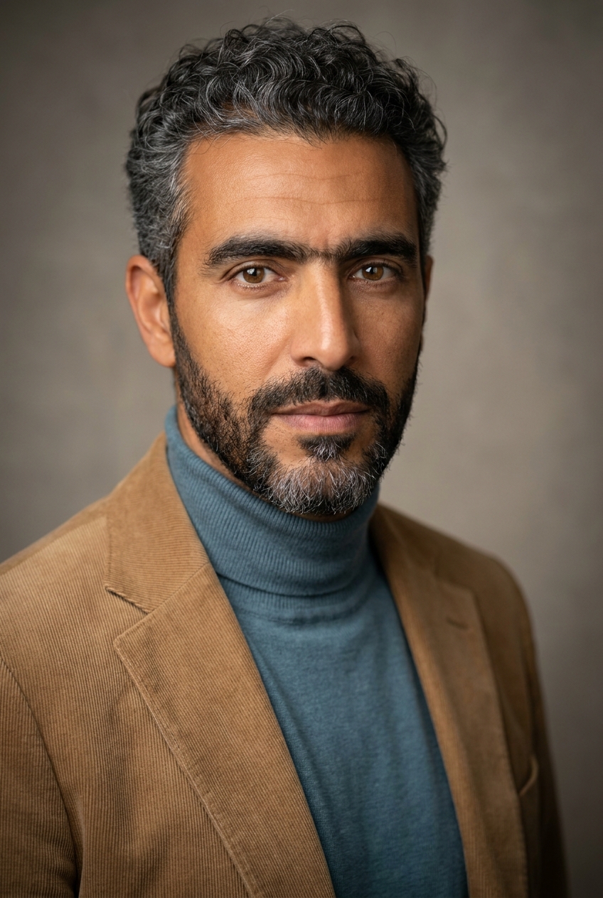 A creative Moroccan-French man in his early 40s, Casablanca-born, Paris-raised, now Zurich-based. Warm bronze complexion. Dark salt-and-pepper hair worn slightly long and naturally curly, pushed back off the forehead. A neatly trimmed dark beard with grey flecks at the chin. Warm dark-brown eyes. Average build. A dusty teal-blue fine-knit roll-neck under a warm tan unstructured corduroy blazer with the sleeves pushed up, cream wool trousers, brown leather desert boots. Distinguishing feature: a strong natural dark unibrow — full brows that nearly meet in the centre above the nose, an ungroomed, confident feature that frames his eyes and anchors his face.