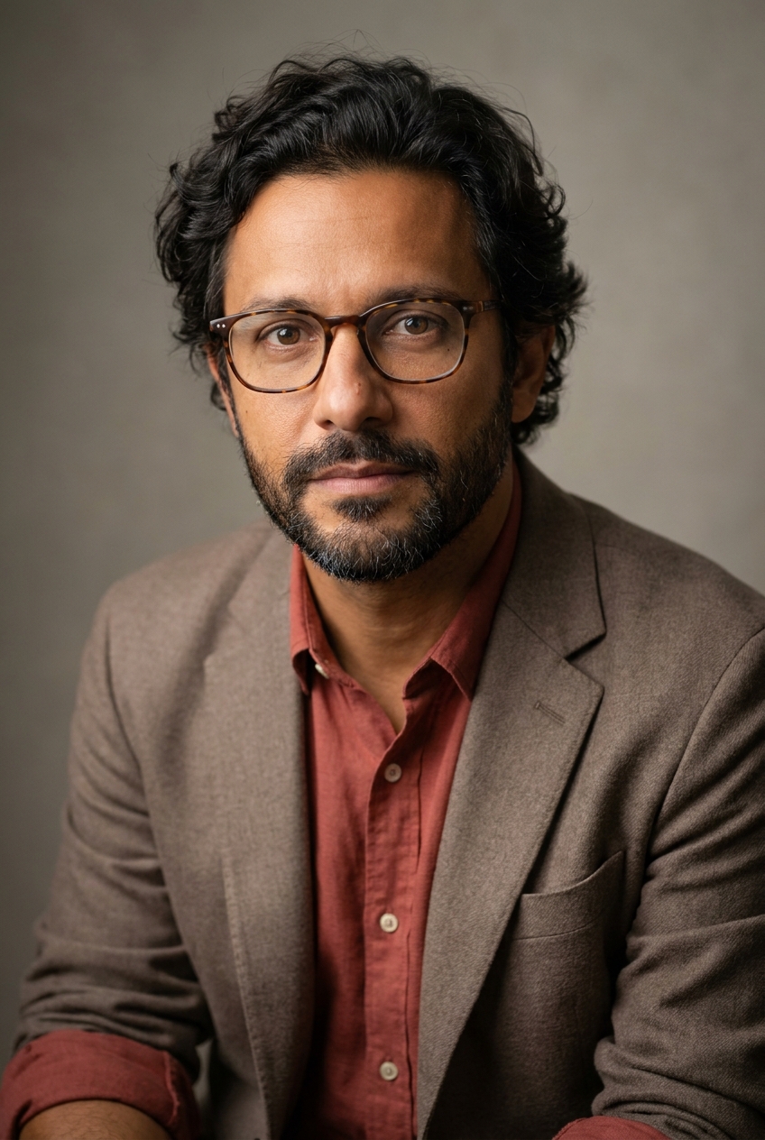 A welcoming Brazilian man in his early 40s, São Paulo-born and Zurich-based for five years. Warm caramel-bronze complexion. Dark wavy hair worn medium-length and slightly tousled with soft natural curl. A neatly trimmed dark beard flecked with early salt-and-pepper. Warm brown eyes behind thin tortoiseshell rectangular glasses. Athletic build with broad shoulders. A soft brick-red linen collared shirt with the top button undone under an unstructured warm taupe wool blazer with the sleeves pushed to the forearm, slim walnut-brown trousers, soft brown leather sneakers. Distinguishing feature: a slightly crooked nose with a small natural bump at the bridge — an old football injury never properly set, gives his face structural character and a warm imperfection that signals openness.