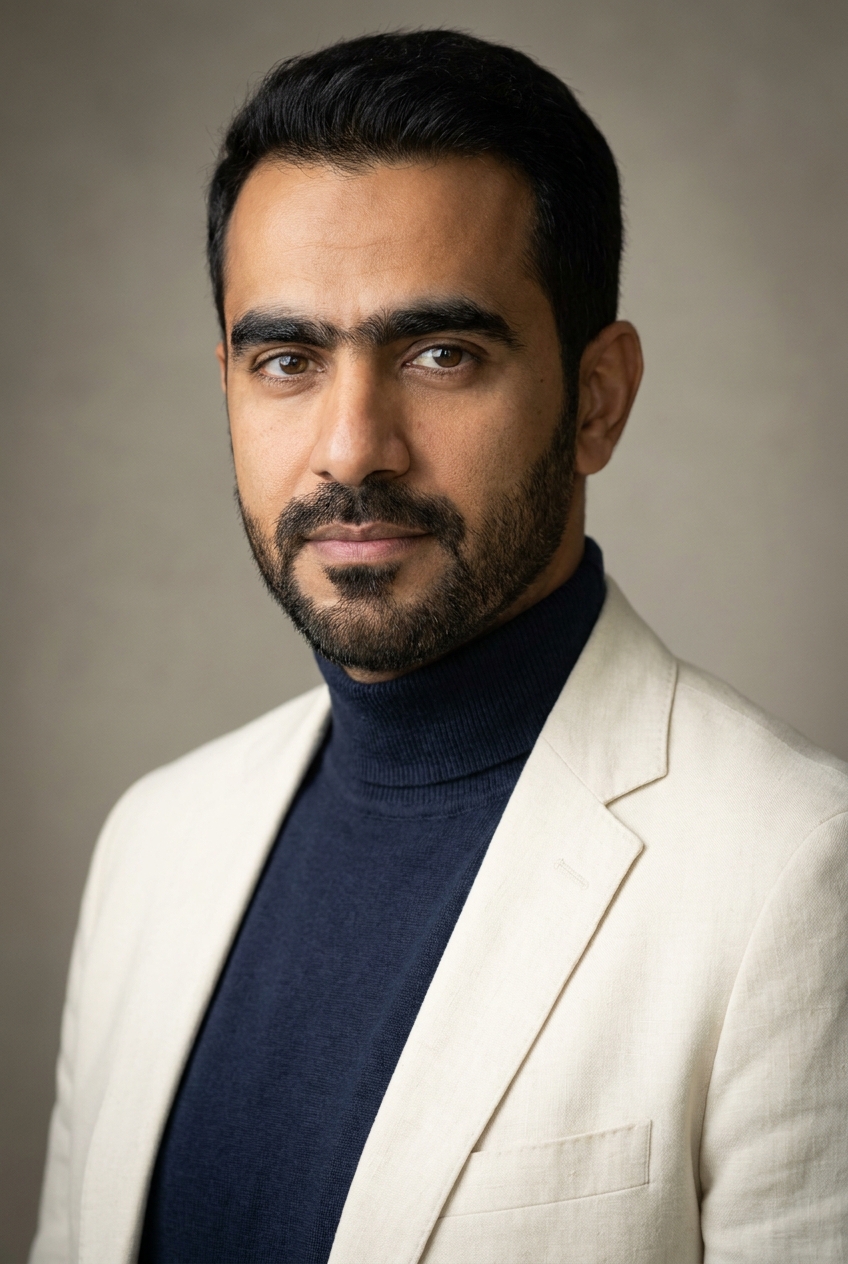 A composed Omani man in his early 40s, Muscat-born and Zurich-based. Warm olive complexion, a neat full dark beard kept close, dark steady eyes under heavy brows. Average build with dignified posture. A deep-indigo fine-knit roll-neck under a cream unstructured blazer, dark trousers. Distinguishing feature: strikingly heavy, expressive dark eyebrows over calm steady eyes — a considered, gatekeeping gravity.