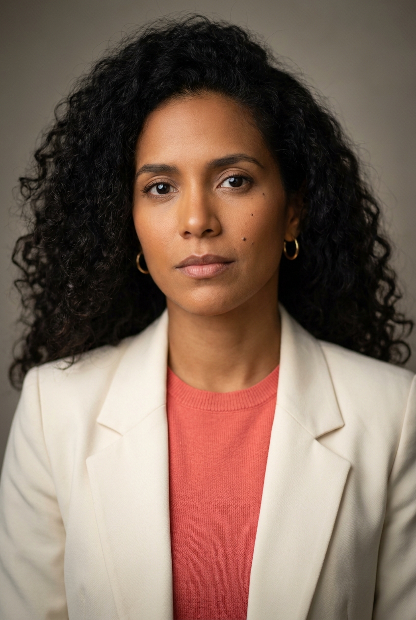A warm Venezuelan woman in her early 30s, Caracas-born and Zurich-based. Warm bronze complexion, voluminous dark curls worn big and loose, dark expressive eyes, full mouth. Slim build. A coral fine-knit top under a cream blazer, cream trousers, gold hoops. Distinguishing feature: a small natural beauty mark high on the right cheekbone, drawing warmth to her expressive face.