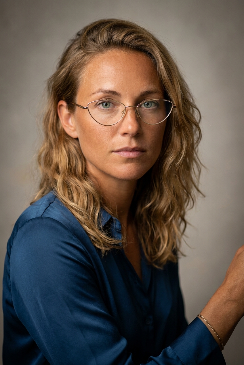 A focused South African woman in her mid-30s, Cape Town-born and Zurich-based for the last three years. Warm tan complexion with a hint of natural sun-weathering. Honey-blonde hair worn in a shoulder-length wavy cut with a slight messy texture, parted on one side, often pushed behind one ear when she concentrates. Pale blue-green eyes. Slim athletic build. A fitted marine-blue silk shirt tucked into warm sand-tan high-waisted trousers, sand-tan leather loafers, a thin gold chain bracelet on the right wrist. Distinguishing feature: cat-eye reading glasses with thin metallic gold frames perched low on her nose — a deliberately stylish departure from the standard rectangular or round frames worn elsewhere in the company.