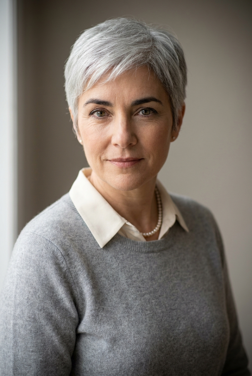 A warm Austrian woman in her late 40s, Vienna-born and Zurich-based, with visible age — fine lines fanning from the eyes, soft warmth in the face. Pale complexion with a gentle rose at the cheeks. A full head of natural silver hair worn in a sharp chic pixie cut, deliberately short and elegant. Strikingly, her eyebrows remain dark — the dark-brow-against-silver-hair contrast is her signature. Warm hazel eyes, soft features. Slim build with elegant posture. A soft dove-grey cashmere jumper over a warm cream collared blouse, slim charcoal trousers, soft grey suede loafers, a single string of small pearls at the neck. Distinguishing feature: the full natural silver pixie cut paired with dark eyebrows — an elegant high-contrast combination that anchors her face.