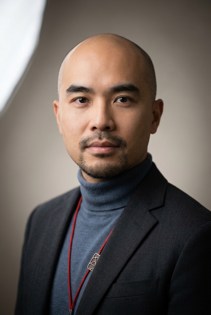 A composed Hong-Kong man in his early 40s, Hong-Kong-born and Zurich-based, the systems core of the placement logic. Warm pale-tan complexion. A smoothly shaved bald head — clean and polished, not buzzed — with a faint dark shadow at the hairline. Thick dark eyebrows, dark steady eyes, a neat short dark goatee framing the mouth. Average build with contained, deliberate posture. A slate-blue fine-knit roll-neck under a structured charcoal blazer, slim charcoal trousers, black leather loafers, a slim red lanyard with an abstract badge resting against the chest. Distinguishing feature: the smoothly shaved bald head paired with a neat short dark goatee — a clean, deliberate combination distinct from every other head in the company.