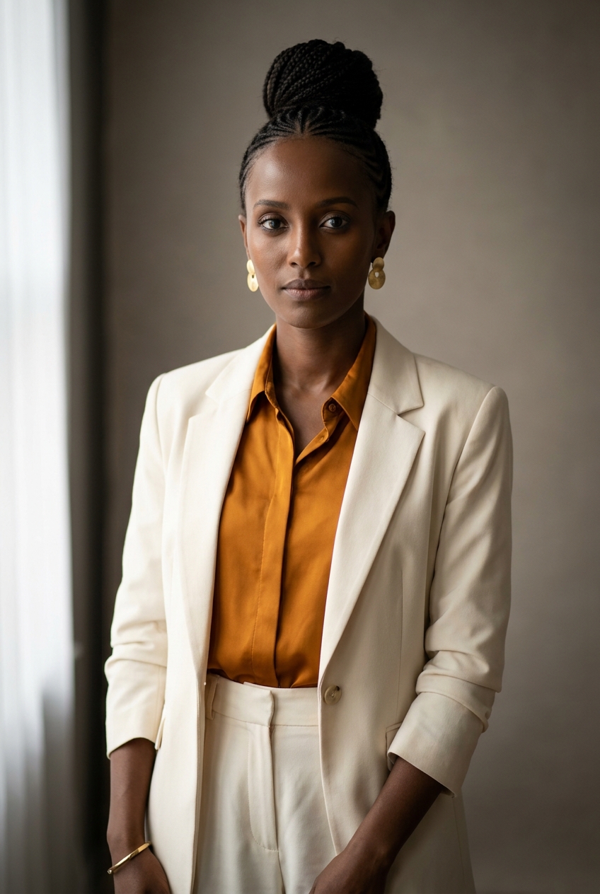 A poised Ethiopian woman in her early 30s, Addis-Ababa-born and Zurich-based, an adaptive-flow specialist. Rich deep-brown complexion with luminous skin and elegant features — high cheekbones, a long graceful neck, large expressive dark eyes, defined brows. Hair worn in fine traditional Ethiopian braids (neat cornrows) gathered up into a high bun at the crown. Slim build with elegant upright posture. A rich amber silk blouse under a cream tailored blazer, cream wide-leg trousers, gold disc earrings, a slim gold bangle on the right wrist. Distinguishing feature: the fine traditional Ethiopian braids gathered into a high bun — an elegant, instantly identifying hairstyle against her graceful features.