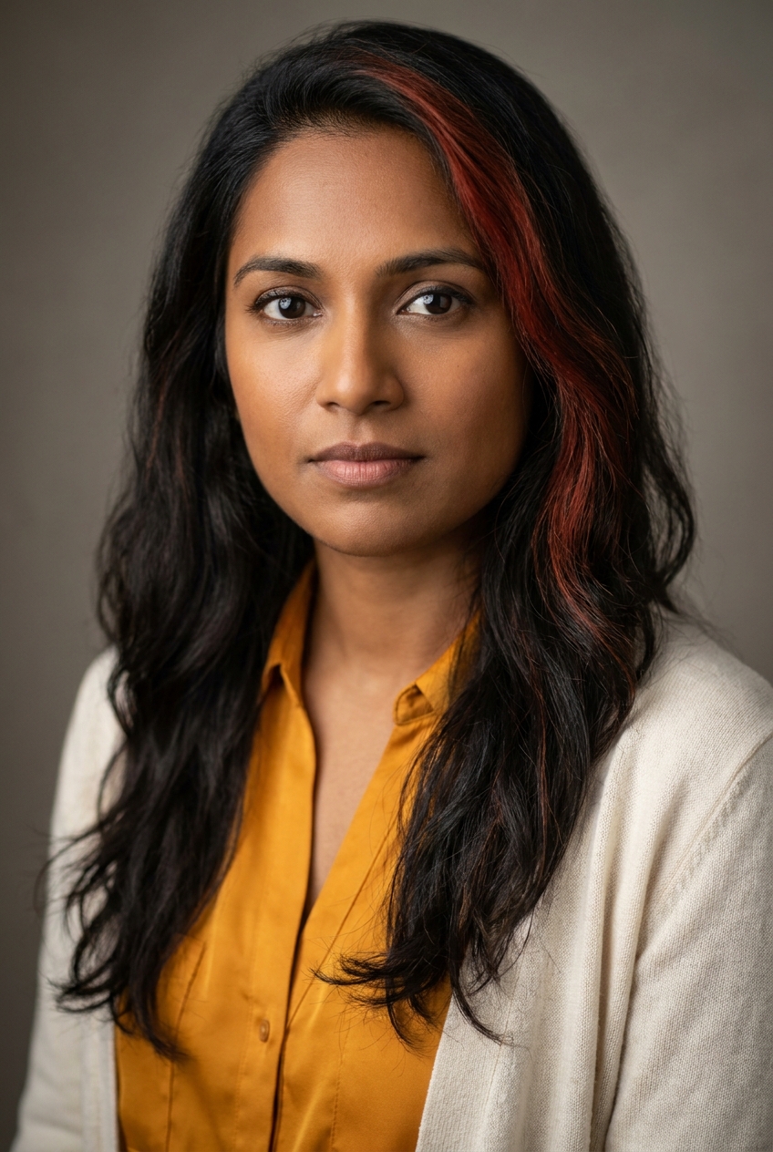 A composed Punjabi-Indian woman in her early 30s, Amritsar-born and Zurich-based. Warm brown complexion, long dark hair worn loose with a distinctive natural henna-red streak through the front-right. Dark eyes, defined brows. Slim build. A marigold silk blouse under a cream cardigan, cream trousers. Distinguishing feature: the natural henna-red streak through the front-right of her dark hair, warm against brown skin.