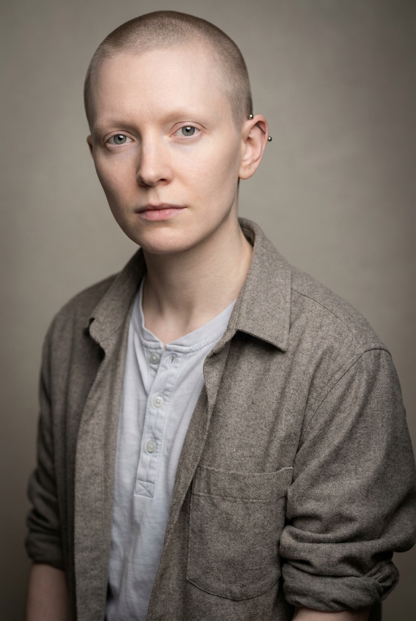 A calm Swedish non-binary person in their early 30s, Stockholm-born and Zurich-based. Very pale Nordic complexion with very fair almost-translucent skin. Hair clipper-shaved to a uniform very short buzz across the entire head, no longer top — the cleanest possible shave. Pale grey-blue eyes, very light naturally pale eyebrows. Slim androgynous build. A pale silvery-blue cotton henley under an open soft warm-grey wool overshirt with the sleeves pushed up, slim soft grey wool trousers, soft leather low-top sneakers. Distinguishing feature: a single industrial bar piercing through the upper cartilage of the right ear — a slim straight bar with small ball-ends, the only piercing, deliberate and minimal against the otherwise clean appearance.