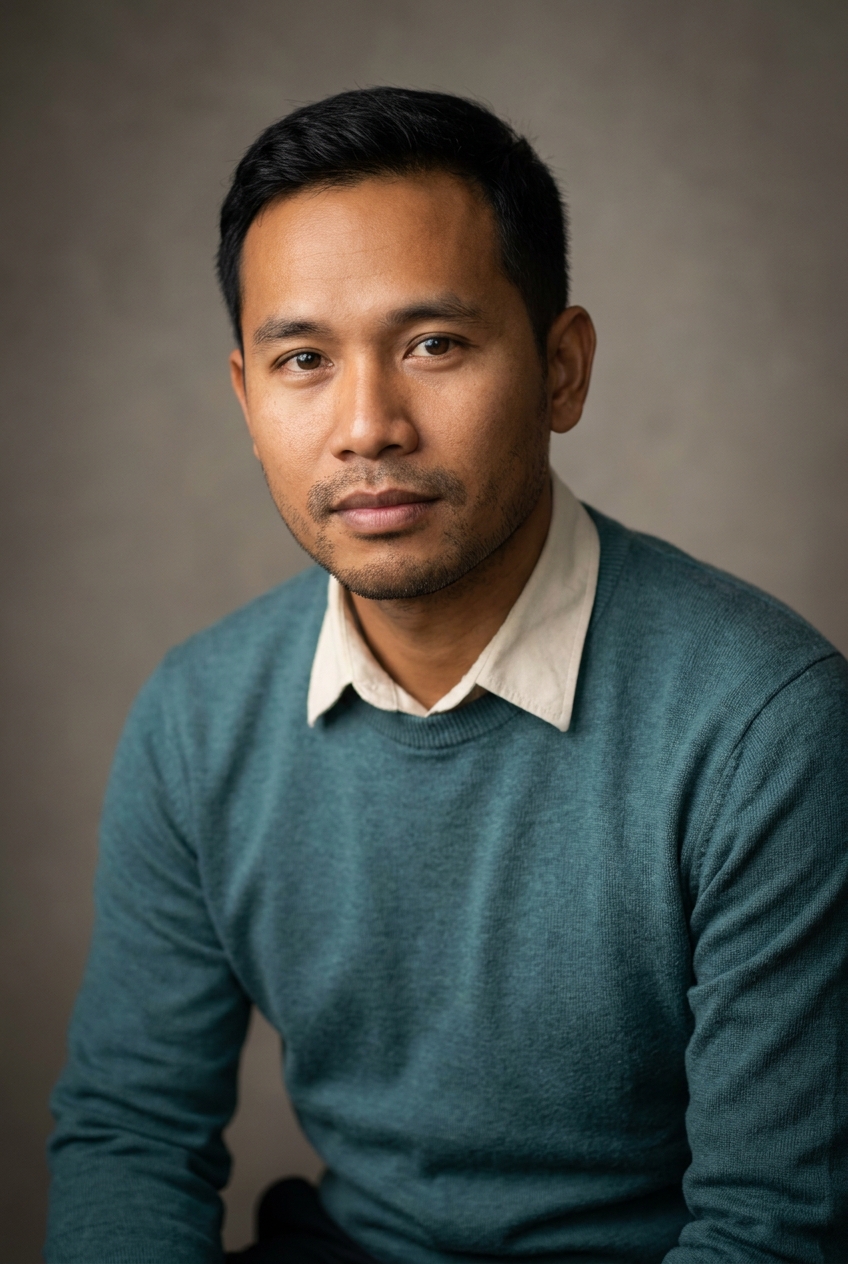A warm Laotian man in his early 30s, Vientiane-born and Zurich-based. Warm tan complexion, short neat black hair, light stubble, calm warm eyes. Slim build. A warm-teal fine-knit jumper over a cream collared shirt, dark trousers, trainers. Distinguishing feature: an easy, settled expression with light stubble and a slightly tilted head — the patient warmth of someone who starts every session gently.