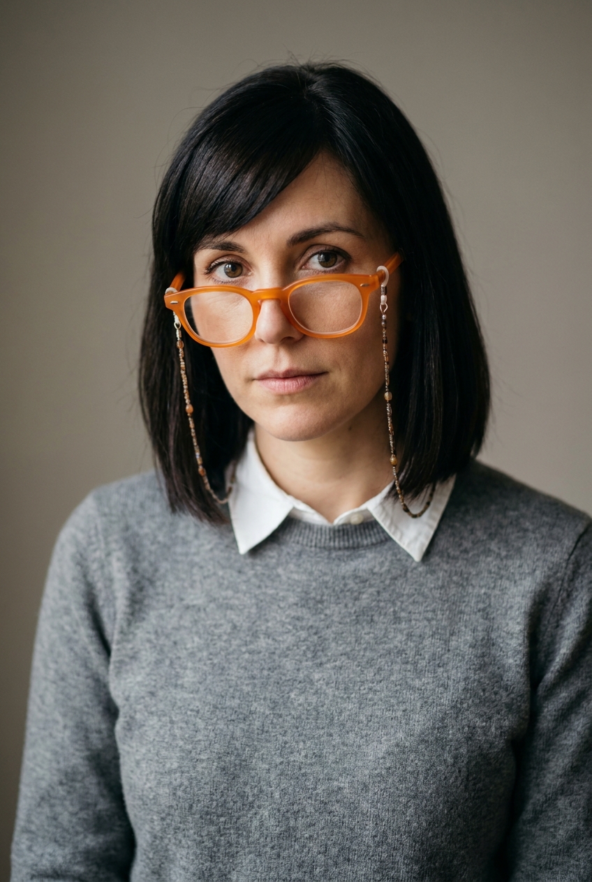 A meticulous Romanian woman in her late 30s, Bucharest-born and Zurich-based. Fair complexion with warm undertones. Dark-brown hair worn in a neat shoulder-length cut with a soft side-swept fringe, parted to one side. Warm brown eyes, neatly defined eyebrows. Slim build with precise, organised posture. A warm grey fine-knit jumper over a crisp white collared shirt, soft cream wide-leg trousers, cream leather loafers. Distinguishing feature: bold tangerine-orange acetate reading glasses, worn low on the nose or pushed up into her hair, hanging on a fine beaded chain around her neck when not in use — the unmistakable signature of an organised archivist who is never without them.