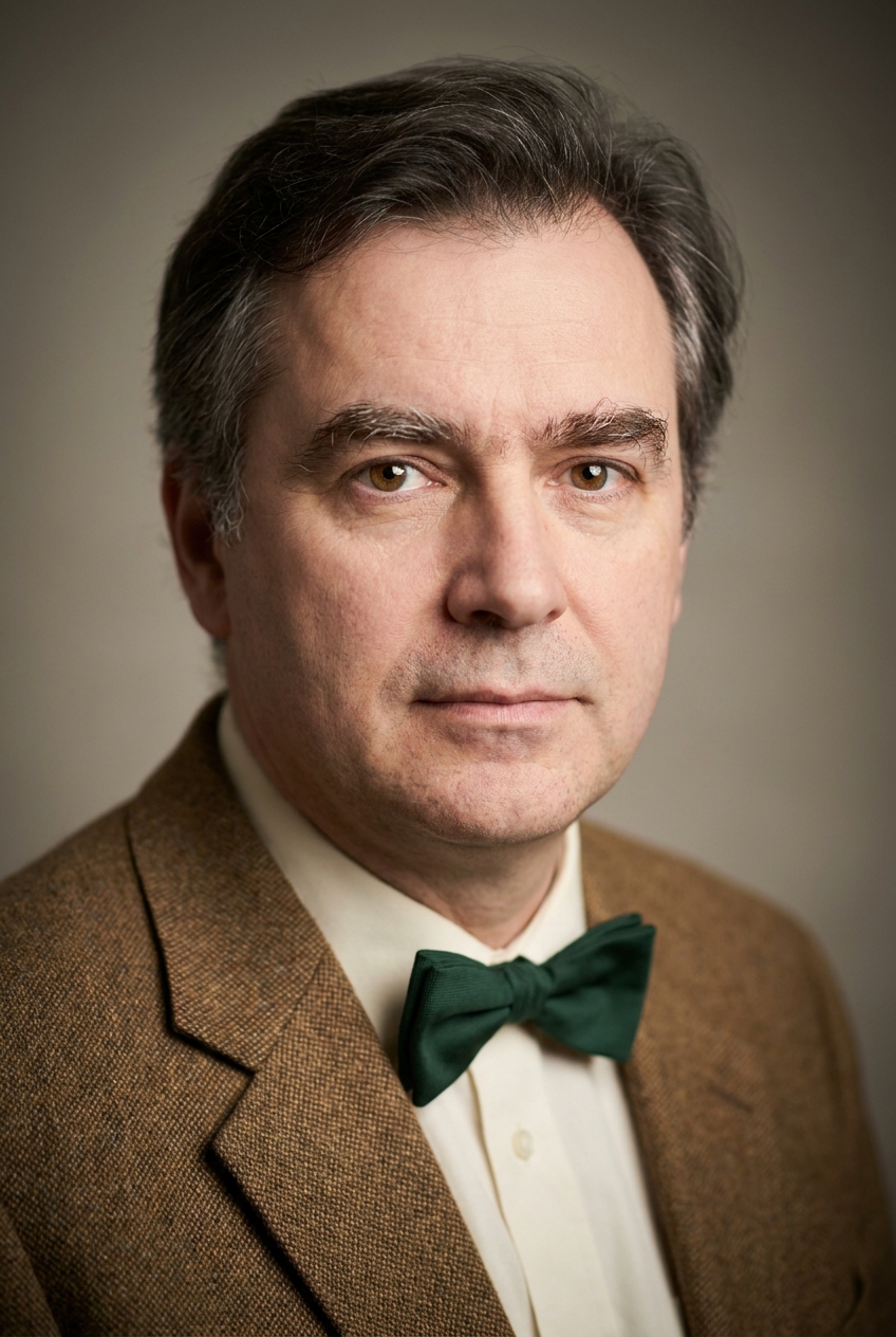 A thoughtful Czech man in his early 50s, Prague-born and Zurich-based, a curriculum architect. Pale Central European complexion with light age-weathering. Dark-brown hair going grey at the temples, worn medium and slightly unruly. Clean-shaven. Warm brown eyes under prominent bushy eyebrows that have gone partly grey — his most expressive feature. Average build. A warm tweedy-brown wool jacket over a soft cream shirt with a bottle-green bow tie, dark brown trousers, brown brogues. Distinguishing feature: the bushy partly-grey expressive eyebrows paired with a bottle-green bow tie — the unmistakable look of a senior academic curriculum designer.