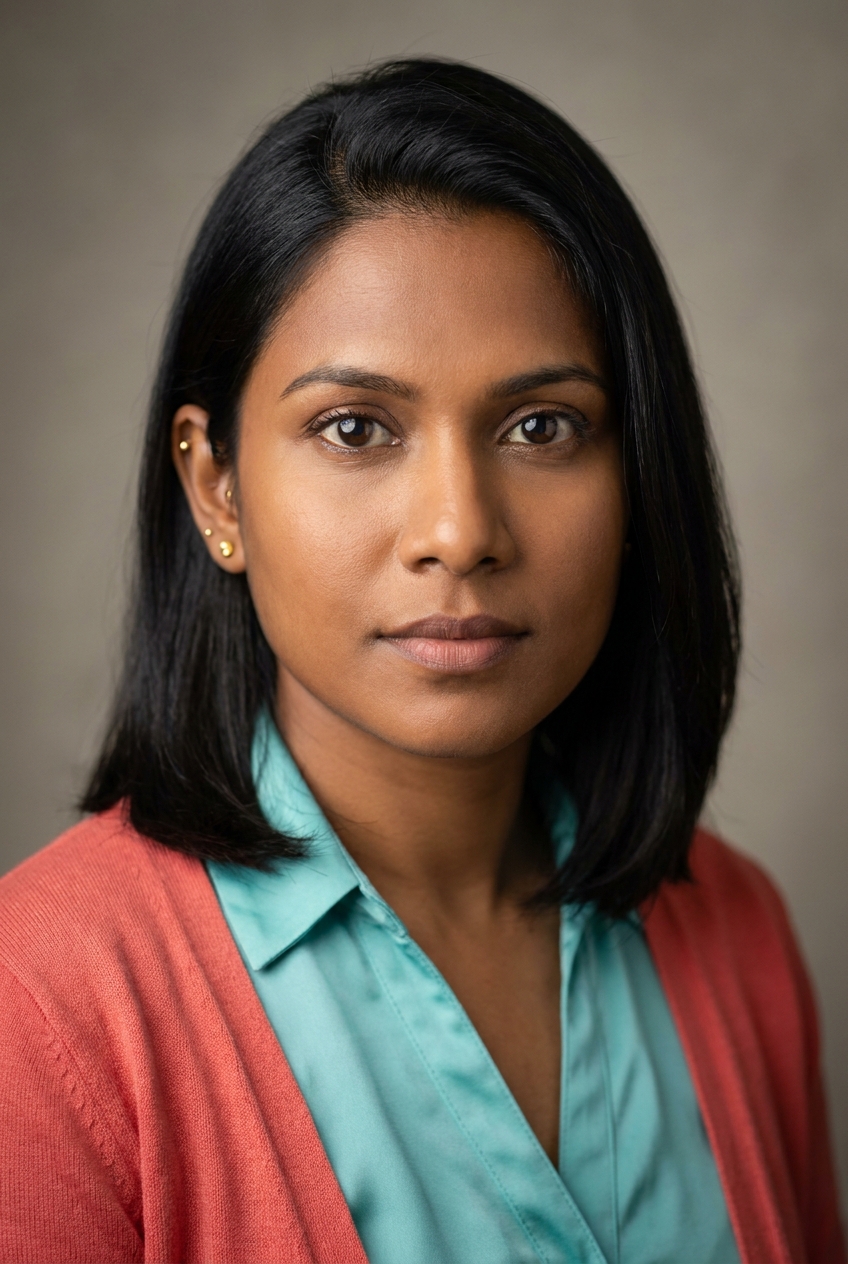 A bright Maldivian woman in her early 30s, Malé-born and Zurich-based. Warm brown complexion, dark hair worn in a neat shoulder-length cut, warm dark eyes, soft features. Slight build. An aqua silk blouse under a coral cardigan, cream trousers, gold studs. Distinguishing feature: a warm, focused expression with a small gold stud high on the left ear helix — neat, precise, drill-ready.