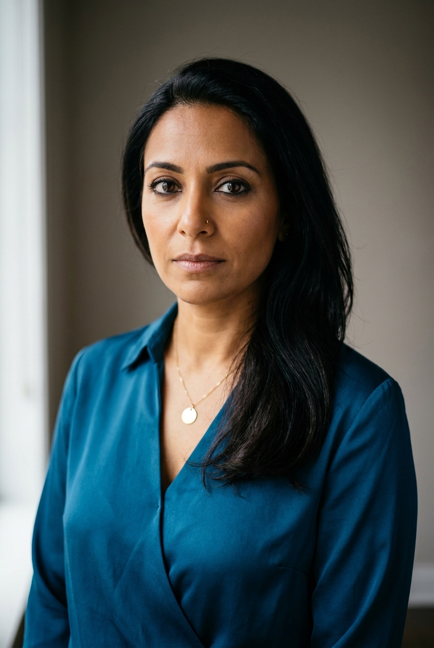 A composed Egyptian woman in her mid-40s, Cairo-born and London-educated, now Zurich-based. Warm bronze-olive complexion. Dark glossy thick hair worn long, falling to just past the shoulders, sometimes pulled to one side over the right shoulder. Strong defined features — full mouth, strong straight nose, expressive dark almond-brown eyes. Slim build. A rich peacock-blue silk wrap blouse with elegant draping over slim cream wool wide-leg trousers, soft cream loafers, a delicate gold disc pendant at the throat on a thin chain. Distinguishing feature: a delicate small gold nostril stud in the left side of her nose, paired with carefully applied dark kohl along the upper lash line — a deliberately contemporary use of an ancient Egyptian cosmetic tradition that signals where she comes from and what her work continues to track.