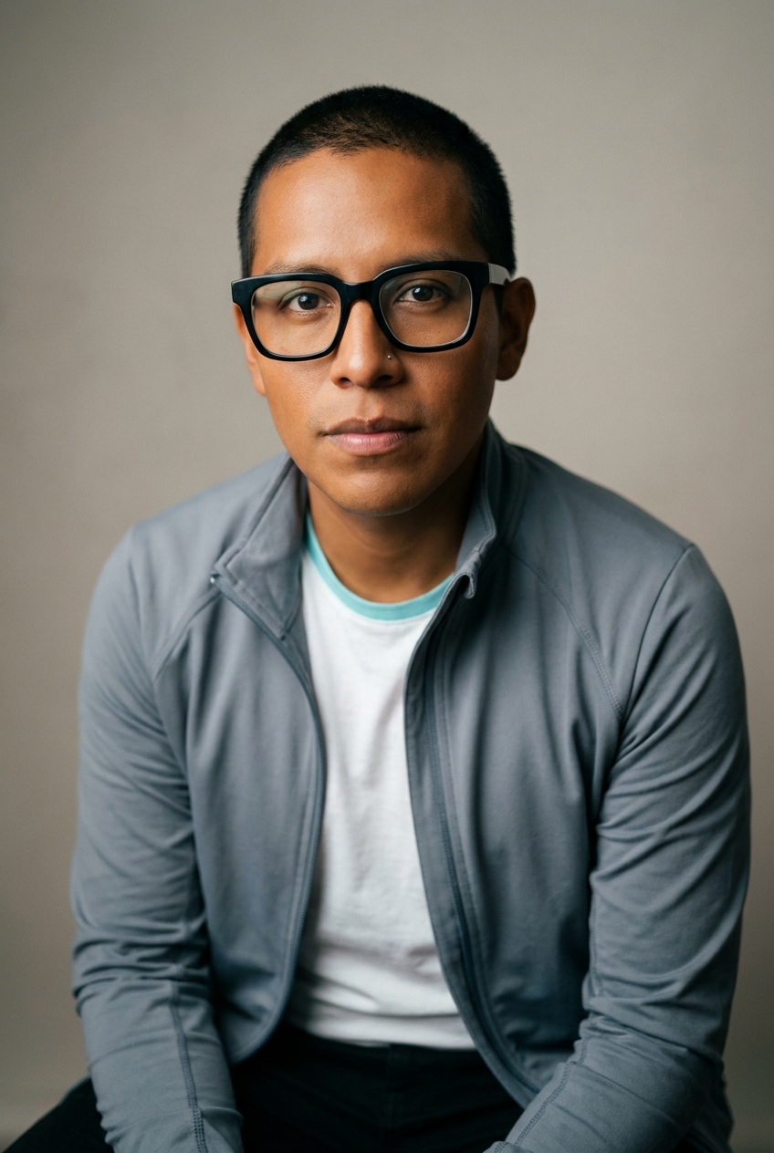 A precise Ecuadorian non-binary person in their early 30s, Quito-born and Zurich-based. Warm bronze Andean complexion, dark almond eyes, close-cropped dark hair. Slight build. A cool-grey technical zip-top over a white tee with a cyan accent, slim black trousers. Distinguishing feature: thick black square-framed glasses paired with a small silver nose stud in the left nostril — a clean, document-precise modern look.