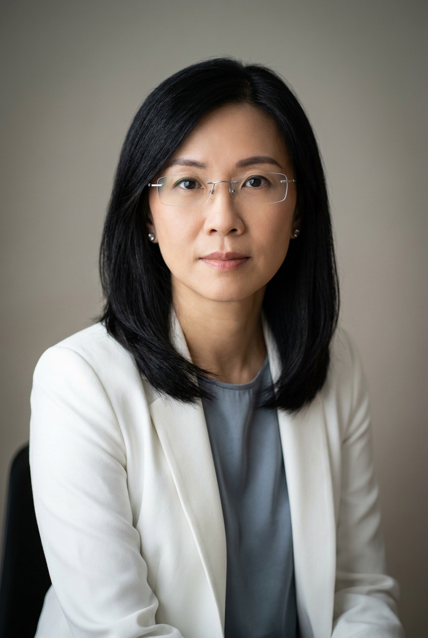 A precise Singaporean woman in her mid-40s, Singapore-born and Zurich-based, systems-minded. Warm honey-tan complexion, smooth fine-grained skin, sharp controlled features. Glossy black hair worn in a sleek shoulder-length cut with a clean side parting, no fringe. Dark almond eyes, calm expression. Slim build, exact posture. A dove blue-grey silk blouse under a structured white tailored blazer, slim white trousers, soft grey loafers, minimal silver studs. Distinguishing feature: minimalist rimless rectangular glasses — frameless lenses held by thin silver arms, the most pared-back eyewear in the company, signalling her systems-architecture precision.