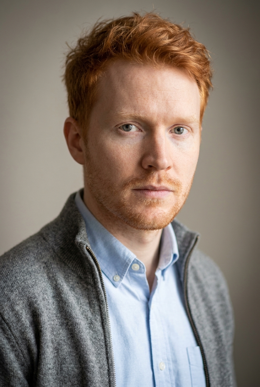 A quietly intense Finnish man in his early 30s, Helsinki-born and Zurich-based. Very pale Nordic complexion. Bright natural ginger-red hair worn short and slightly tousled — a true vivid copper, not auburn. Pale grey-blue eyes, very light eyebrows and lashes, light ginger stubble of the same coppery tone. Slim build. A pale sky-blue oxford collared shirt under a soft heather-grey wool zip-cardigan, slim grey wool trousers, white minimalist leather sneakers. Distinguishing feature: his bright natural ginger-red hair and matching light coppery stubble set against very pale freckle-free skin — the most immediately identifying element of his appearance in any frame.