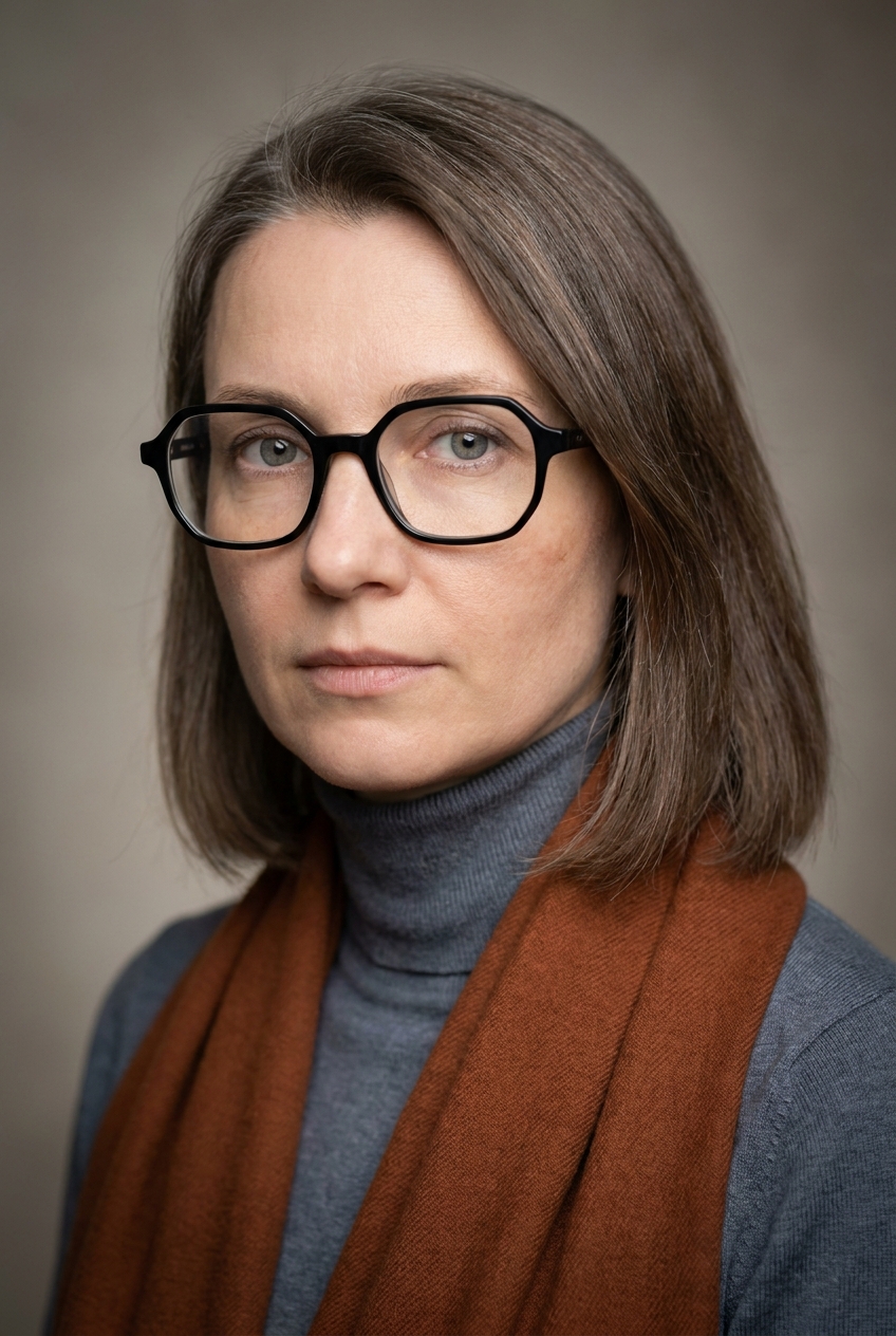 A sharp Ukrainian woman in her early 40s, Kyiv-born and Zurich-based. Fair complexion with cool undertones and fine weathering across the cheekbones. Ash-brown hair worn in a sharp shoulder-length cut with a slight wave, parted on the side, a few early silver strands at the left temple. Pale grey-blue intelligent eyes, strong defined eyebrows. Slim athletic build with alert upright posture. A slate-grey fine-knit turtleneck, black tailored wool trousers, a warm rust-coloured wool scarf draped loosely once around the neck, black leather ankle boots. Distinguishing feature: thick-rimmed black geometric (hexagonal) eyeglasses — a bold architectural frame distinct from every other pair in the company.