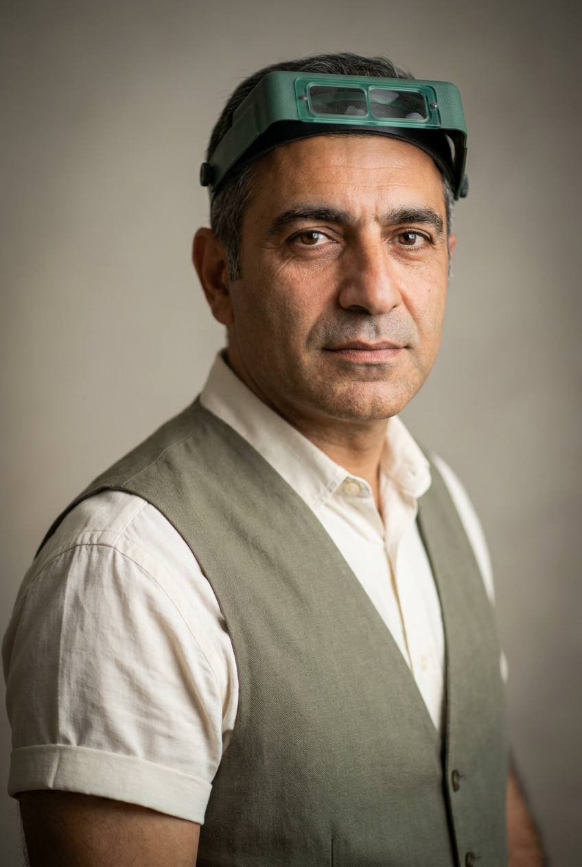 A patient Armenian man in his late 40s, Yerevan-born and Zurich-based, who rebuilds the historical financial record. Warm olive complexion with dignified age-weathering — lines at the eyes, a settled jaw. Dark hair greying at the temples, worn short. Clean-shaven with a strong jaw, warm dark eyes under heavy brows. Average build. A dusty-olive waistcoat over a rolled-sleeve cream shirt, dark brown trousers, brown leather shoes. Distinguishing feature: a classic green accountant's eyeshade visor worn pushed up on the forehead — the unmistakable mark of a reconstruction specialist who works under the lamp, an old-world archivist touch.