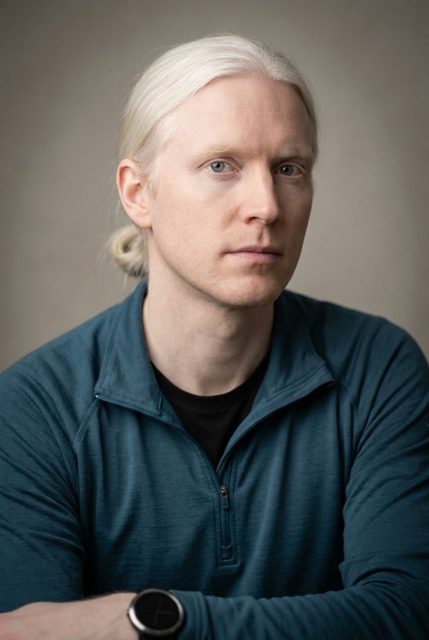 A calm Icelandic man in his mid-30s, Reykjavík-born and Zurich-based. Very pale Nordic complexion. Natural platinum-white-blond hair — strikingly pale, worn longish and tied back in a small low bun, with very pale eyebrows and lashes to match. Pale grey-blue eyes, light stubble of the same pale tone. Slim build. A petrol-blue technical zip-top over a black crew tee, slim black trousers, black leather sneakers, a smartwatch on the left wrist. Distinguishing feature: his natural platinum-white-blond hair tied in a small bun, set against very pale skin and pale brows — an arctic colouring that makes him instantly identifiable in any frame.