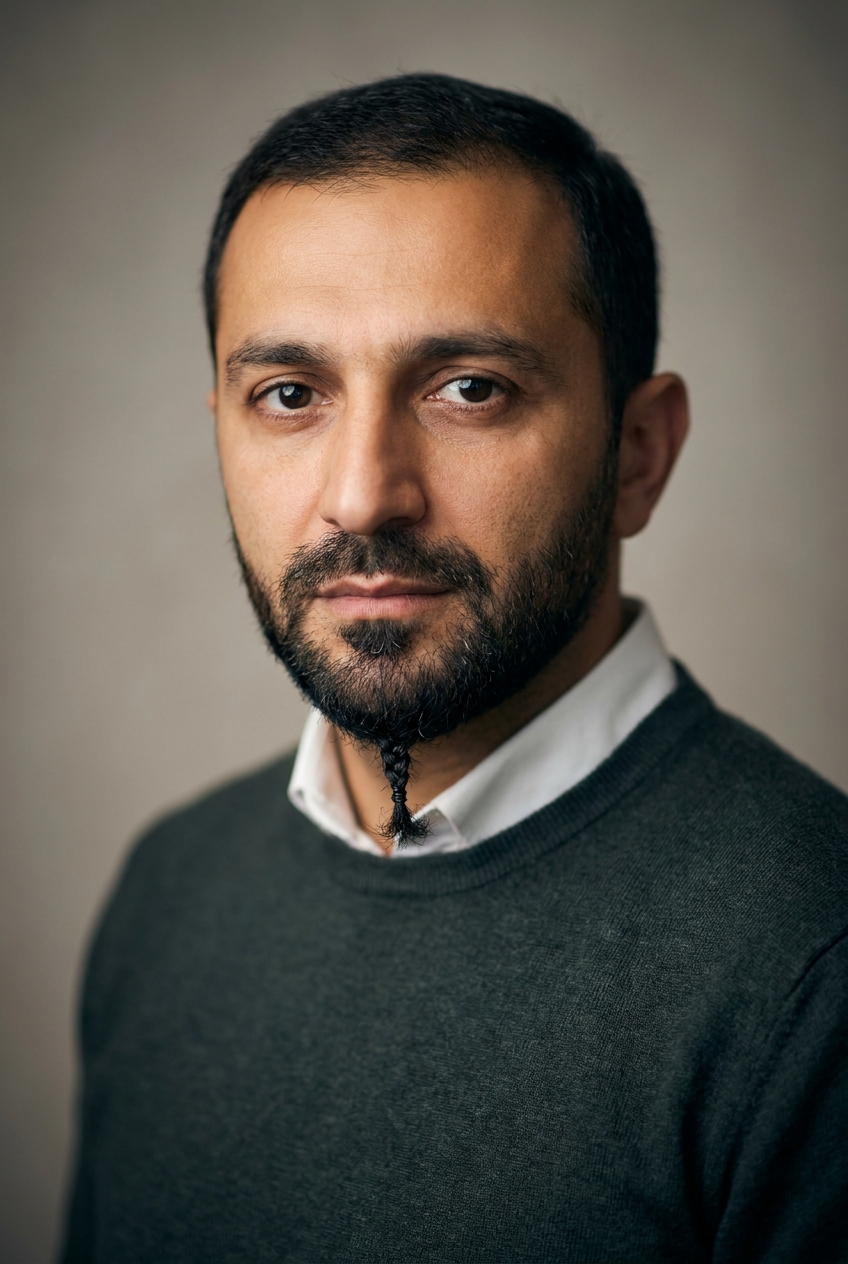 A methodical Georgian man in his early 40s, Tbilisi-born and Zurich-based, who routes transactions to the correct ledger. Warm olive complexion with strong Caucasus features. Dark hair worn short, with a neat close-kept dark beard — and one distinctive element: a small tight braid at the centre of the chin, a traditional Caucasian touch. Dark deep-set eyes, strong brows. Average build. A deep forest-grey fine-knit jumper over a white collared shirt, dark grey wool trousers, brown leather shoes. Distinguishing feature: the small tight braid at the centre of his otherwise neat dark beard — a quiet heritage marker that anchors his face.