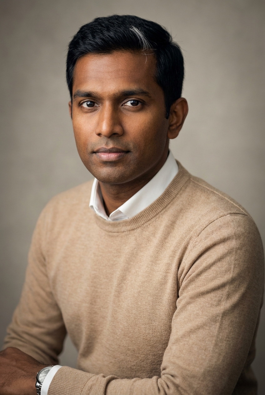 A precise Indian-Tamil man in his mid-30s, Chennai-born and Zurich-based, a deterministic-scoring specialist with a mathematician's temperament. Warm deep-brown complexion, fine features, dark intelligent eyes, clean-shaven. Jet-black hair worn short and neat with one striking element: a single sharp patch of premature grey-white at the right temple, vivid against the surrounding black. Slim build, exact posture. A warm-sand fine-knit jumper over a white collared shirt, deep-teal wool trousers, brown leather loafers, a slim steel watch on the left wrist. Distinguishing feature: the single striking patch of premature grey at his right temple against otherwise jet-black hair — a precise natural marker that anchors his face.