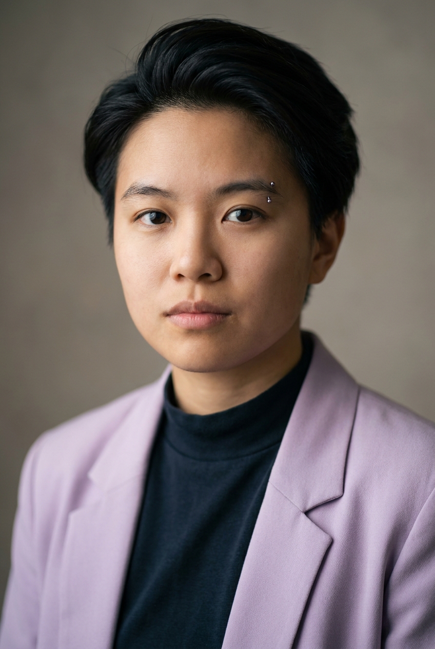 A sharp Mainland-Chinese non-binary person in their late 20s, Shanghai-born and Zurich-based, an AI-scoring specialist. Smooth pale complexion, dark almond eyes, clean-shaven, fine modern features. Jet-black hair worn in a sharp contemporary cut — short at the sides with a longer textured top swept across. Slim build. A black technical mock-neck top under a slim soft-lilac unstructured blazer, slim black trousers, clean white trainers, minimal thin silver rings. Distinguishing feature: a single small silver barbell piercing through the right eyebrow — a precise, minimal modification that reads as deliberate against an otherwise clean modern look.