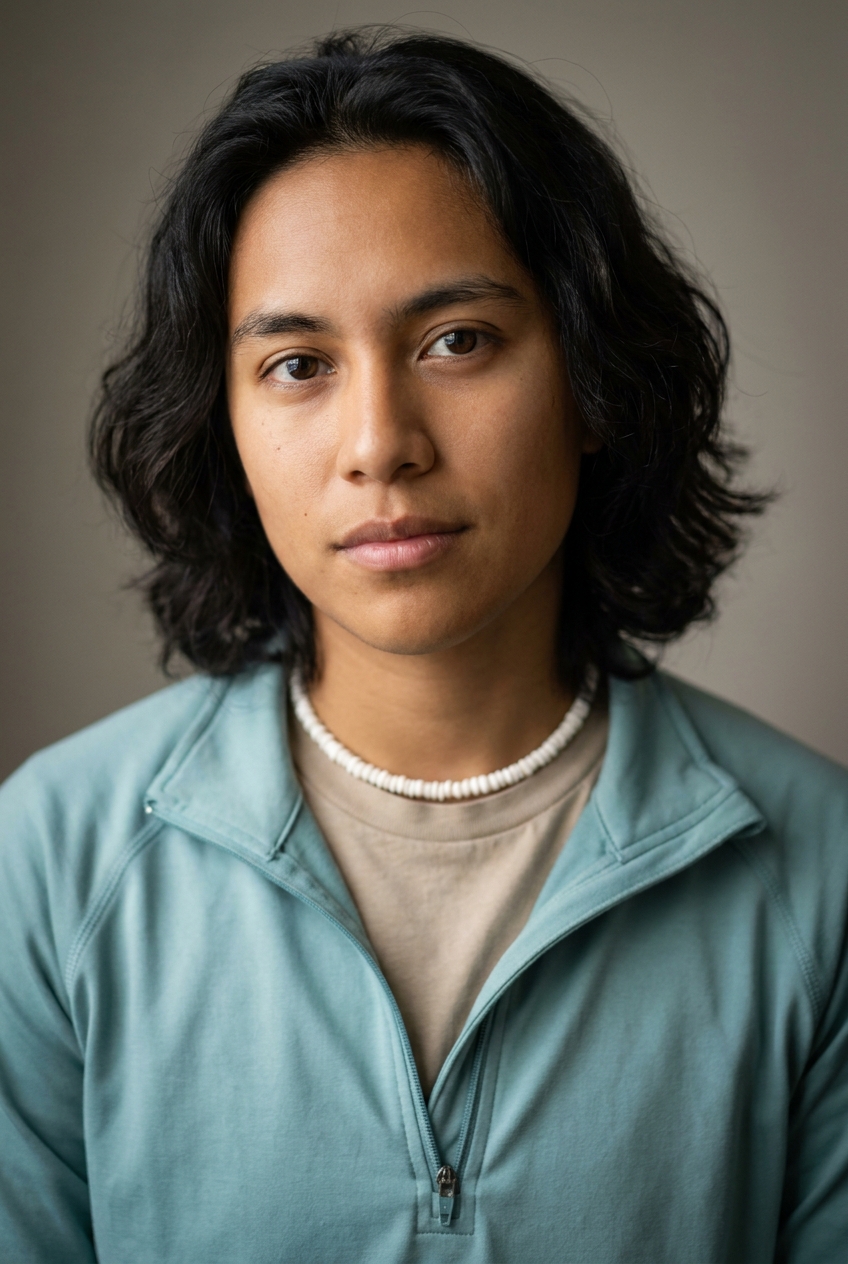 A relaxed Hawaiian non-binary person in their late 20s, Honolulu-born and Zurich-based. Warm tan complexion, dark wavy hair worn medium and loose, warm dark eyes. Slight build. An aqua technical zip-top over a sand-coloured tee, slim trousers, trainers. Distinguishing feature: a strand of small white puka-shell beads worn at the throat — a warm Pacific touch against the tech-casual look.